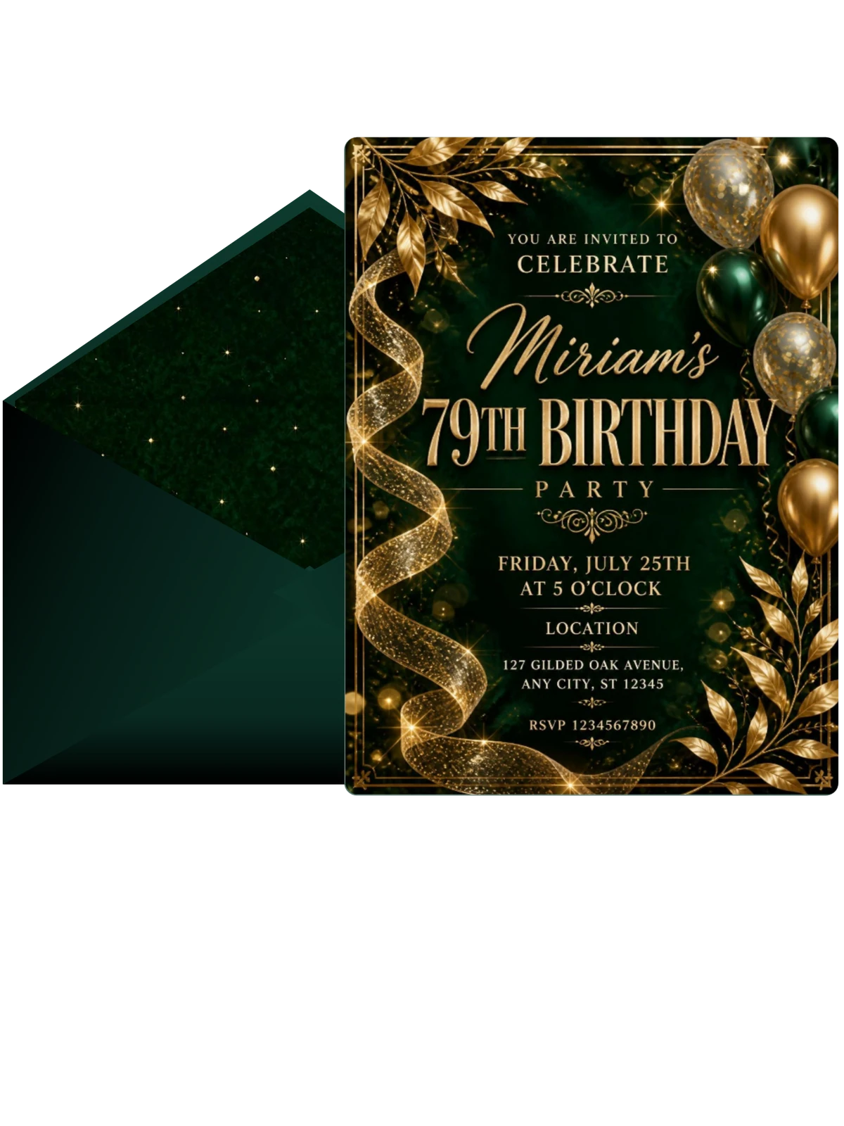 Emerald and Champagne 79th Birthday Invitation