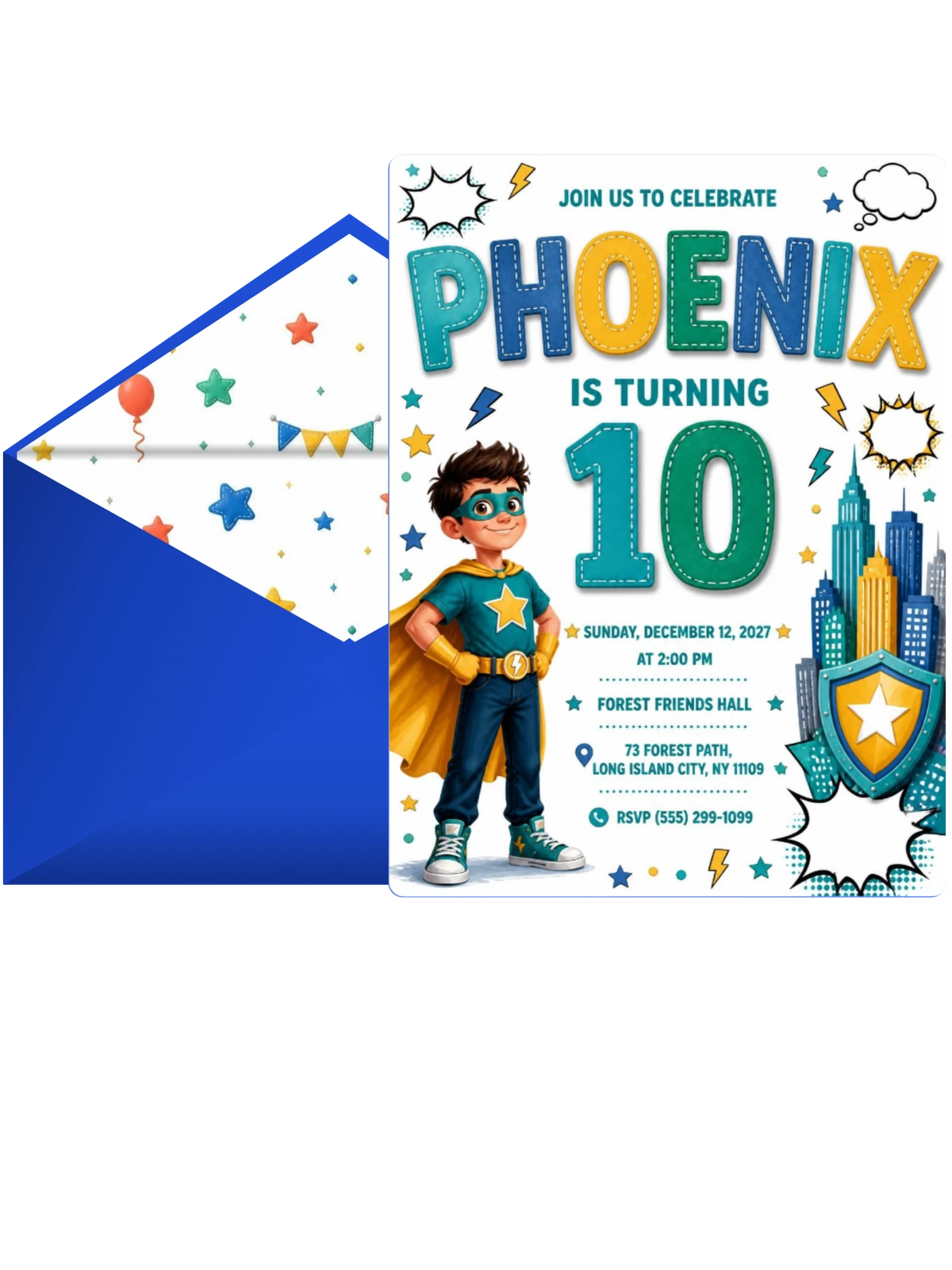 Superhero Shield 10th Birthday Invitation