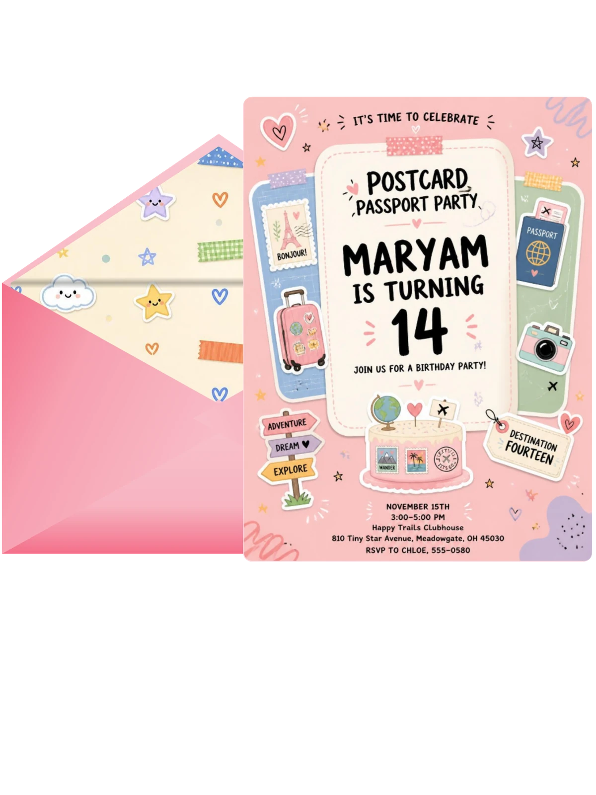 Pastel Postcard Passport 14th Birthday Invitation