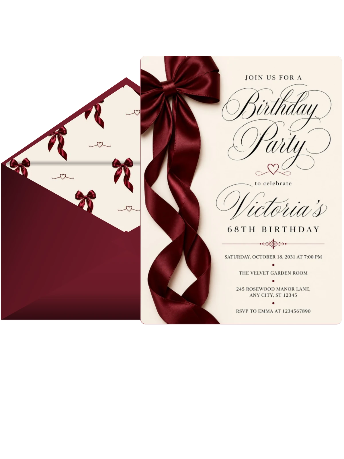 Burgundy Satin Bow 68th Birthday Invitation