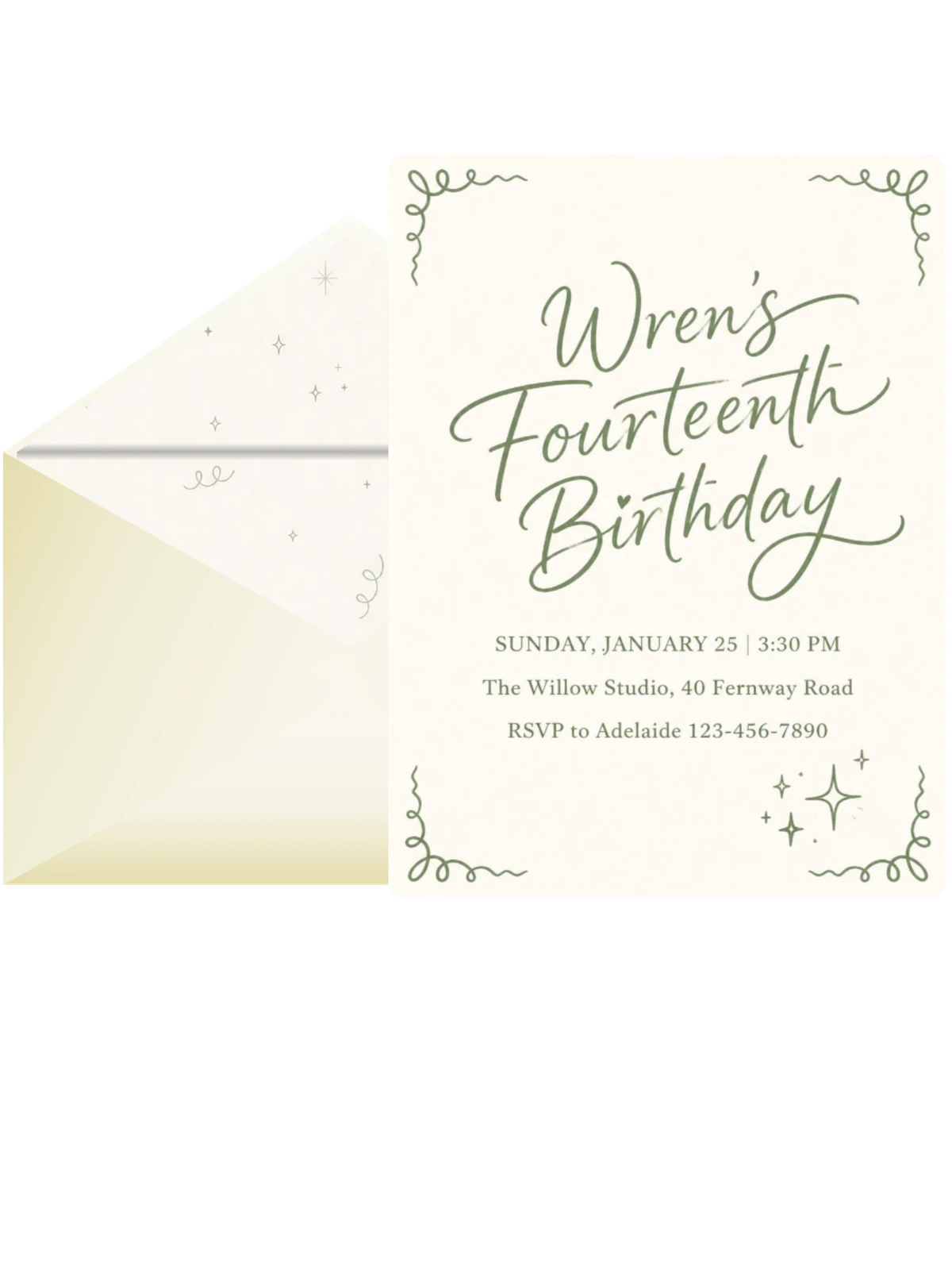 Sage Green Calligraphy 14th Birthday Invitation