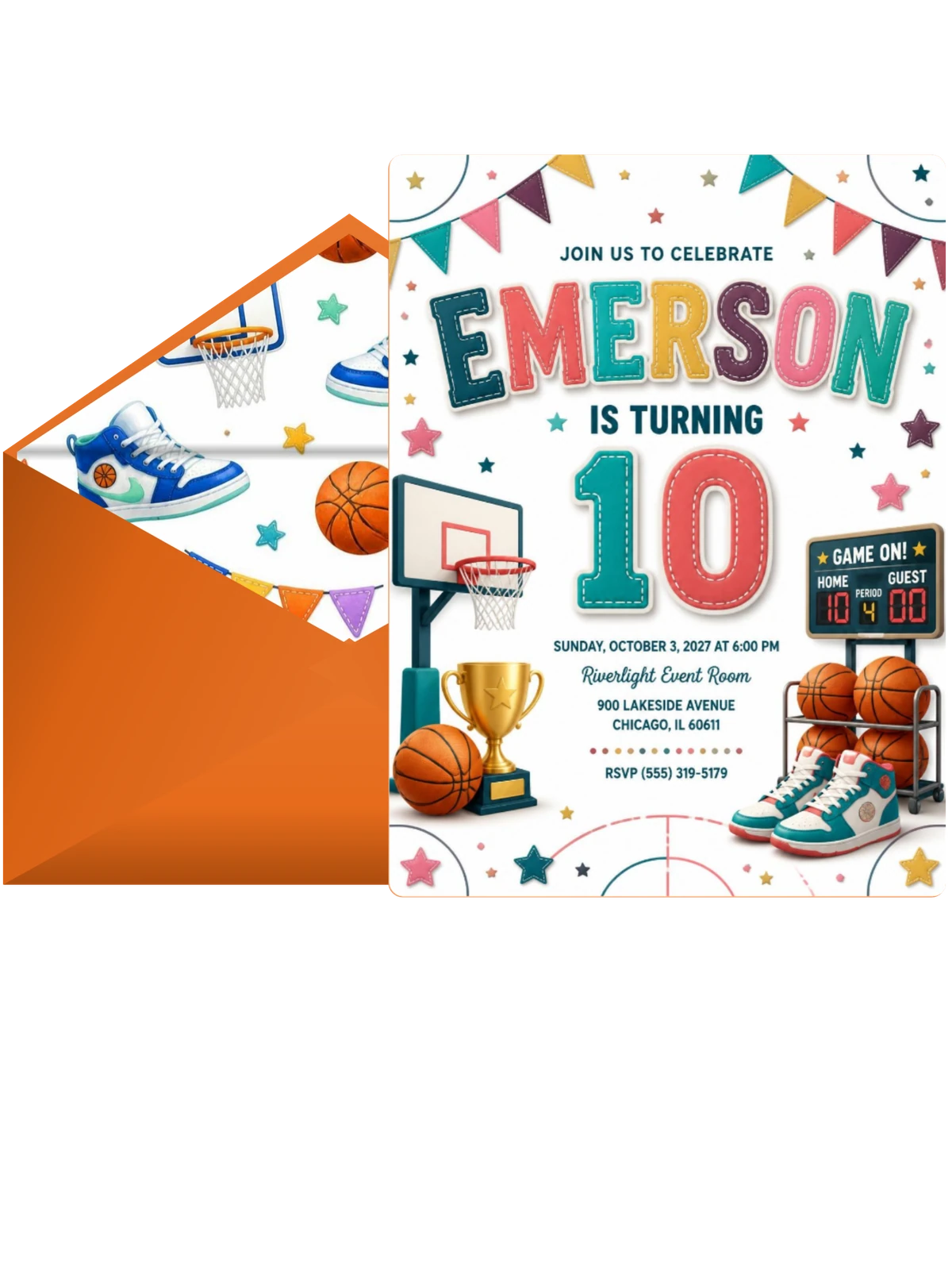 Stitched Basketball 10th Birthday Invitation