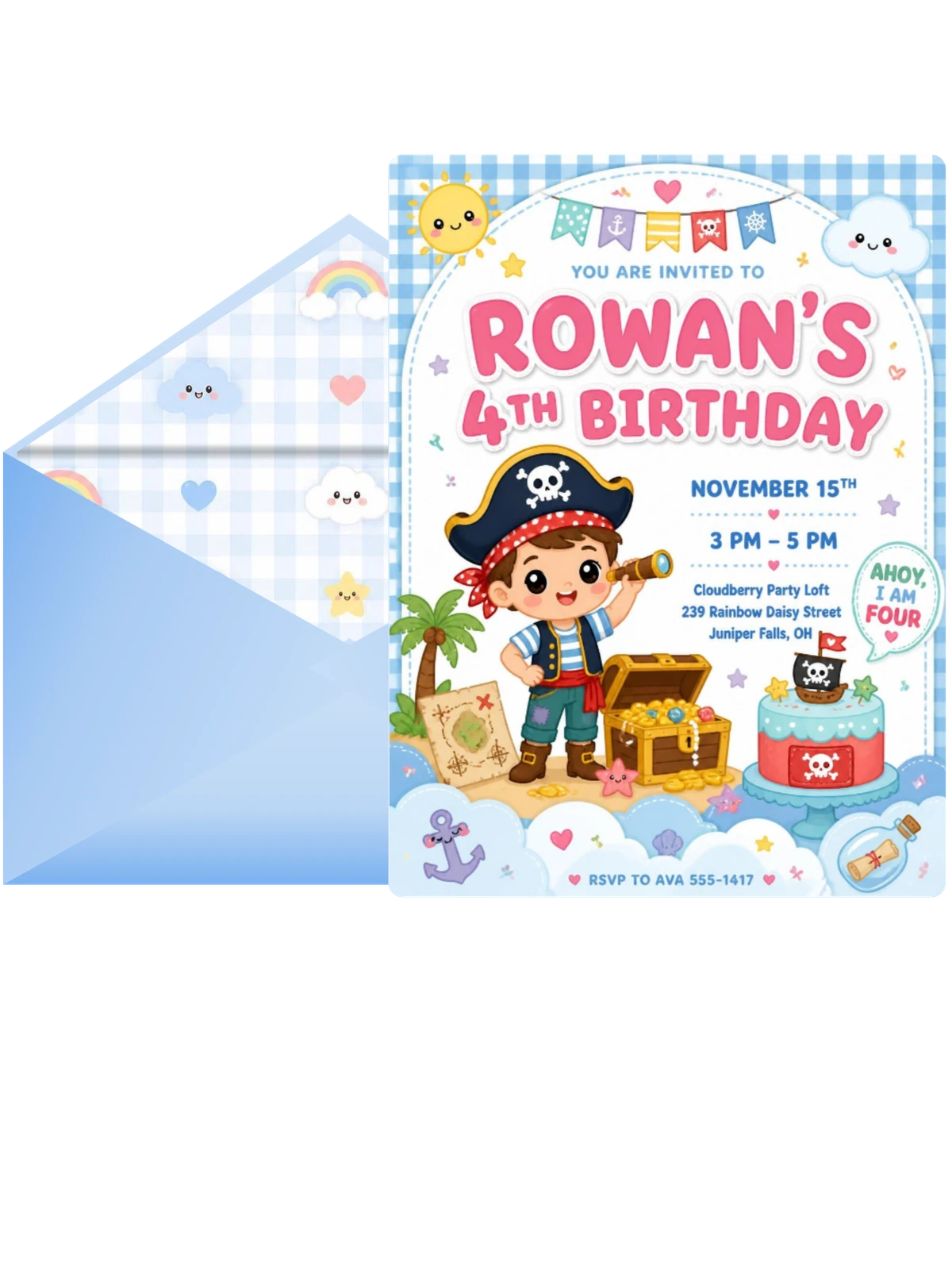 Pirate Kawaii Pastel 4th Birthday Invitation