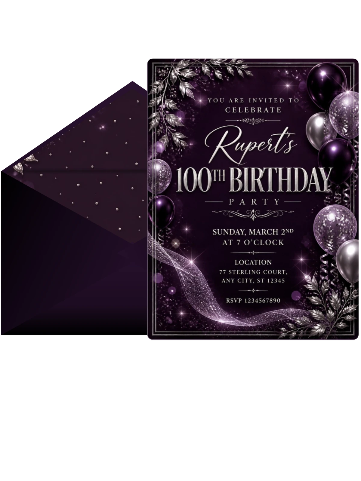 Plum and Silver 100th Birthday Invitation