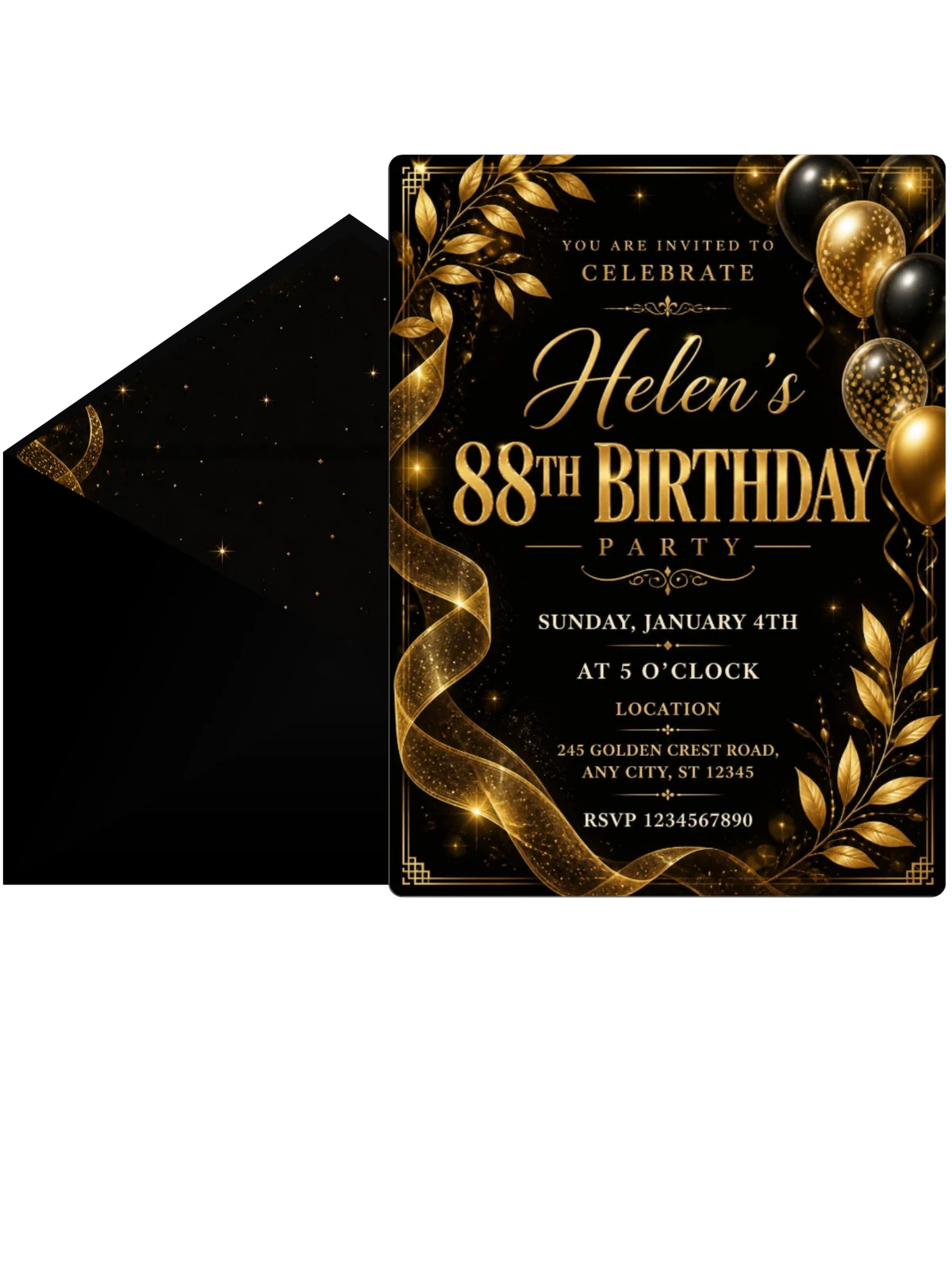 Black and Gold 88th Birthday Invitation