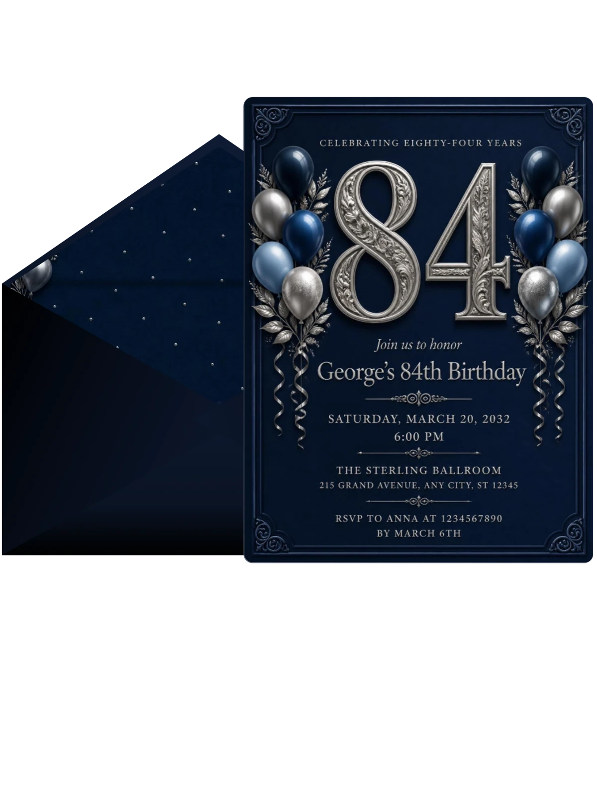 Navy and Silver 84th Birthday Invitation