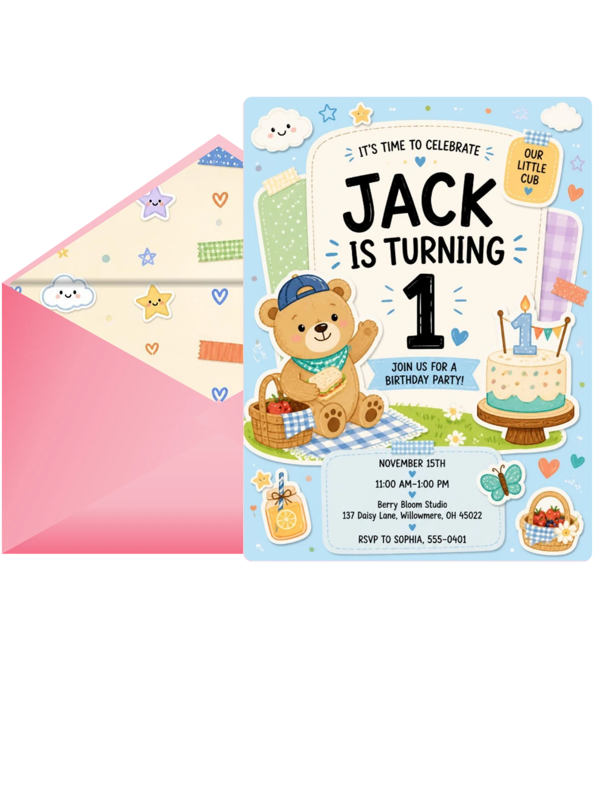 Bear Cub Pastel 1st Birthday Invitation