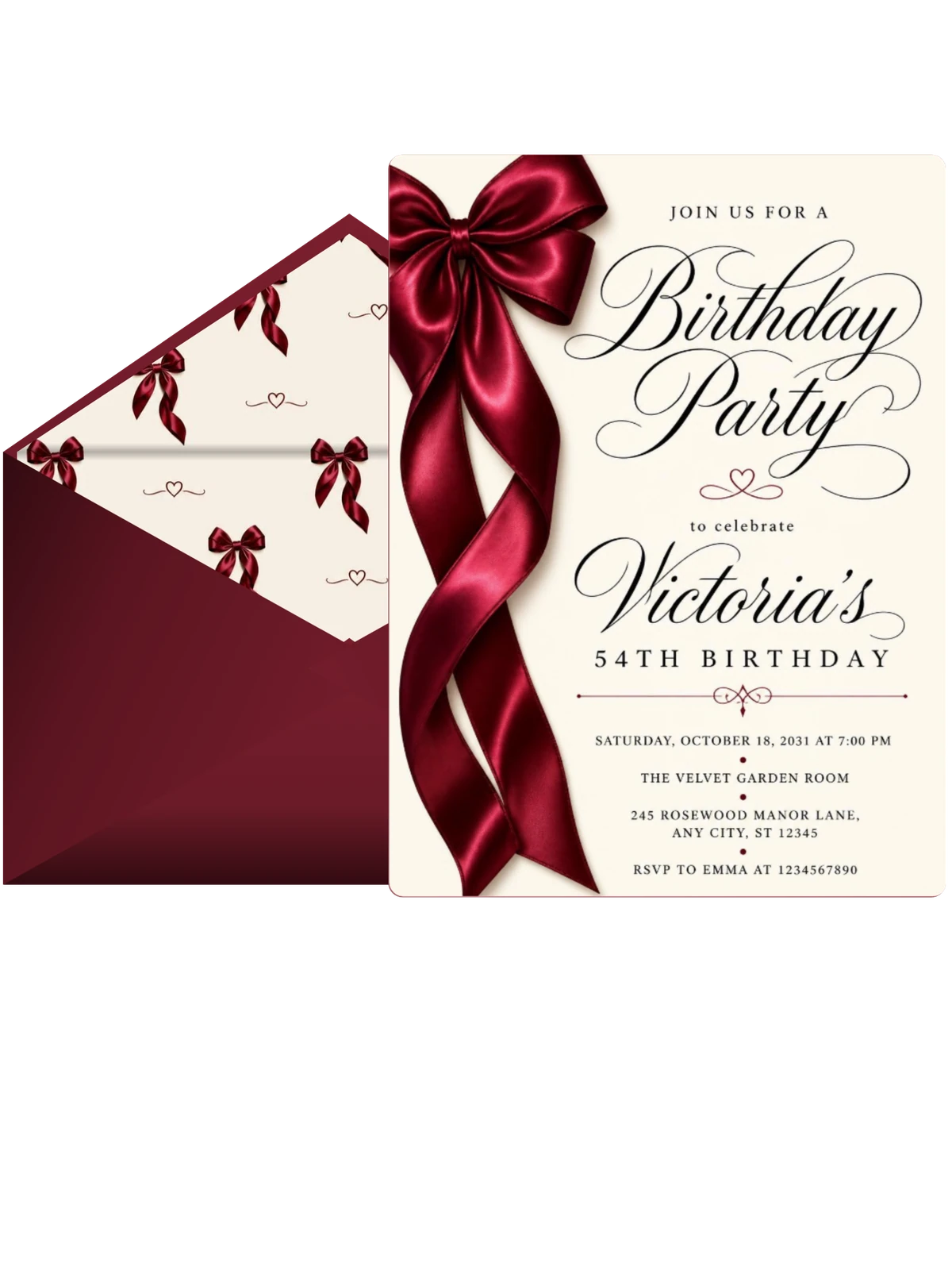 Burgundy Satin Bow 54th Birthday Invitation