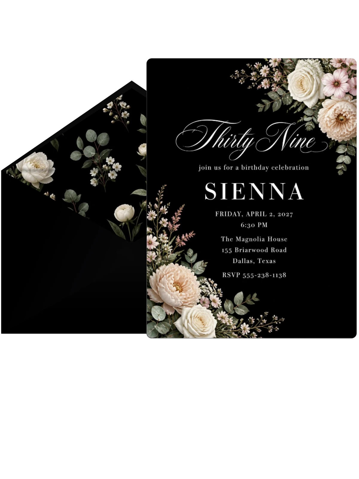 Black Floral 39th Birthday Invitation