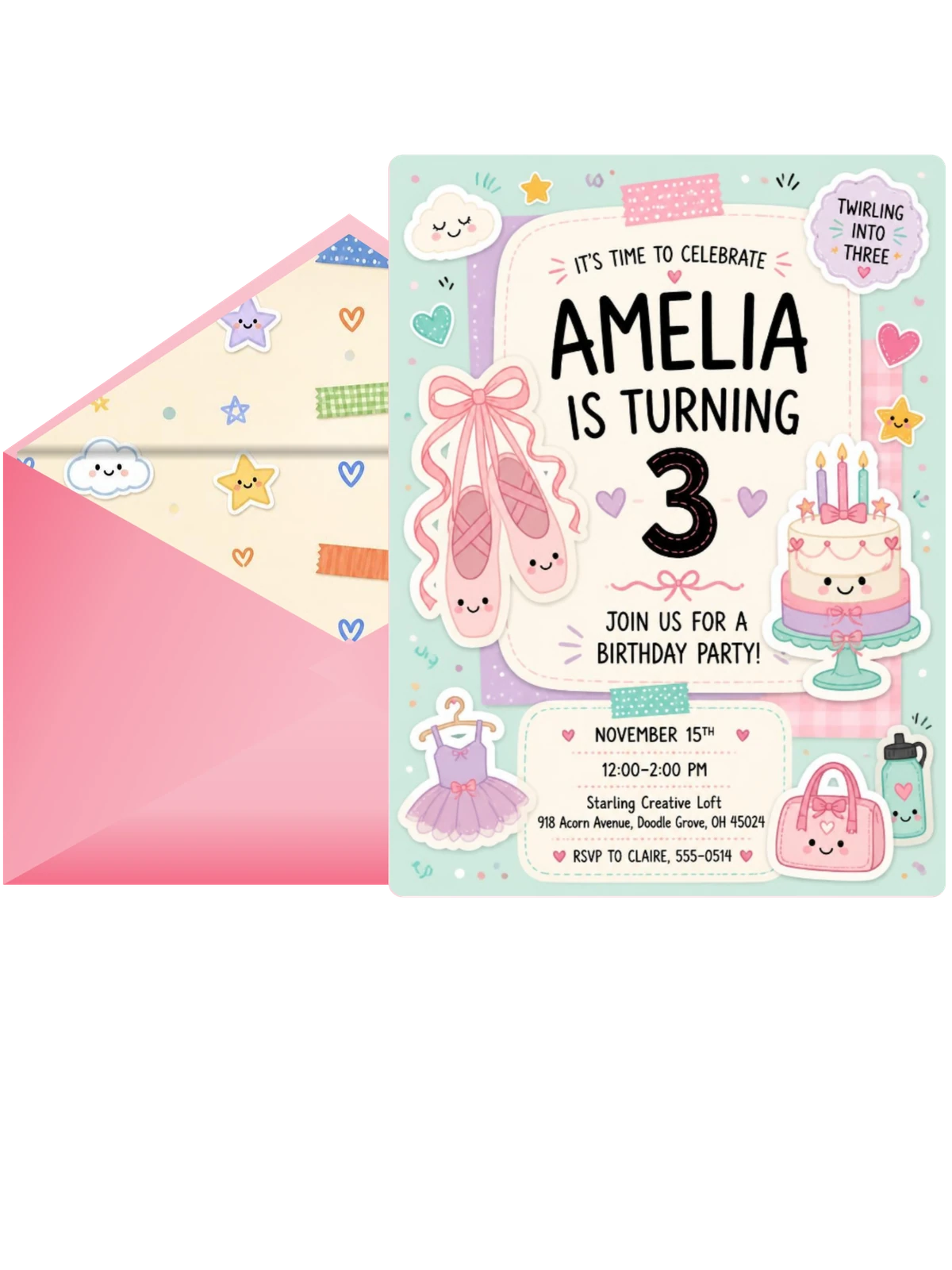 Ballet Slippers Pastel 3rd Birthday Invitation
