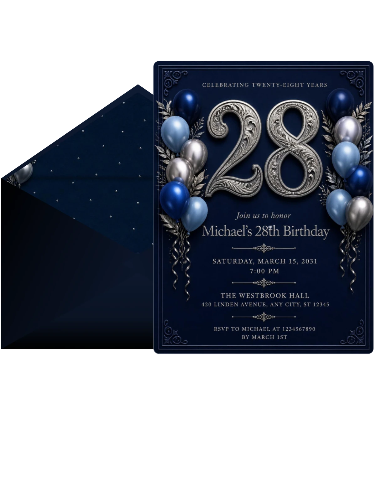 Navy and Silver 28th Birthday Invitation