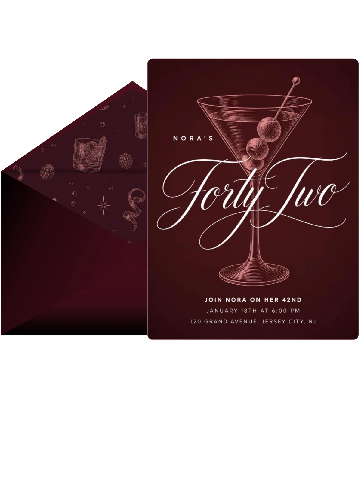 Burgundy Cocktail 42nd Birthday Invitation