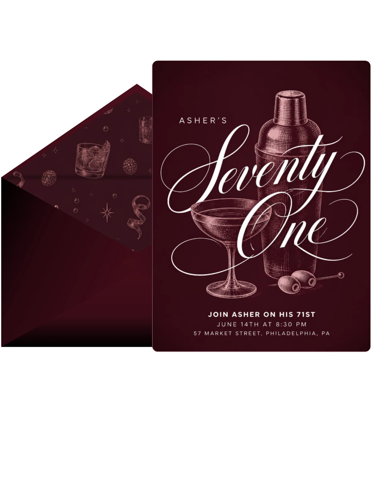 Burgundy Cocktail 71st Birthday Invitation