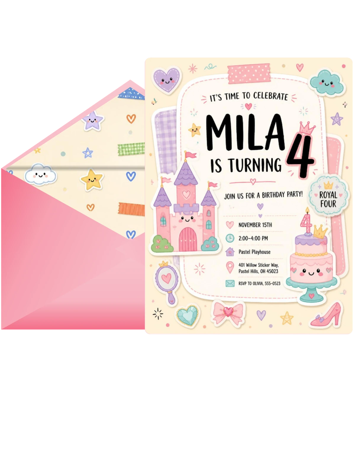 Castle Pastel Scrapbook 4th Birthday Invitation