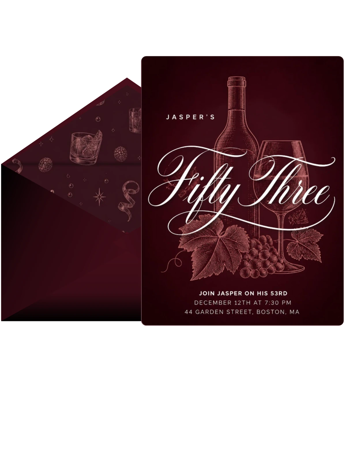 Burgundy Cocktail 53rd Birthday Invitation