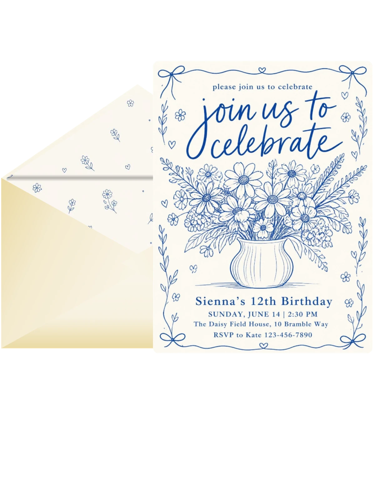 Blue Ink Daisy Birthday Invitation