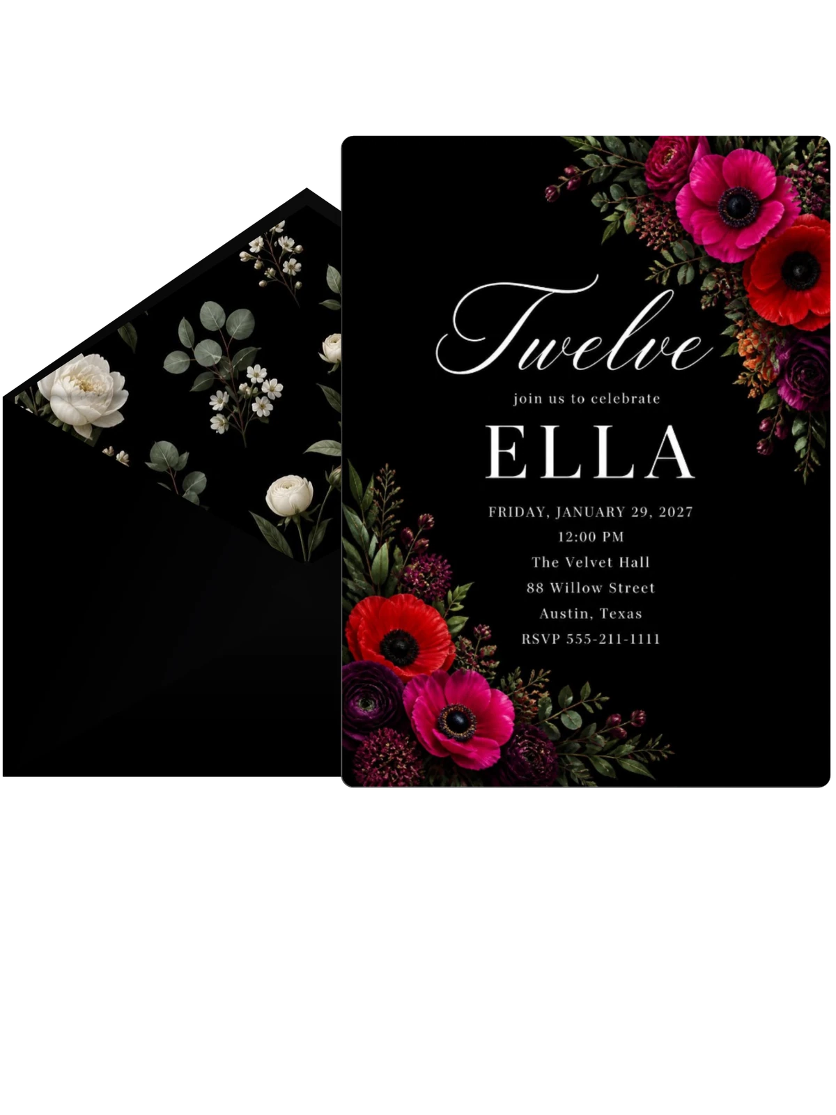 Black Floral 12th Birthday Invitation
