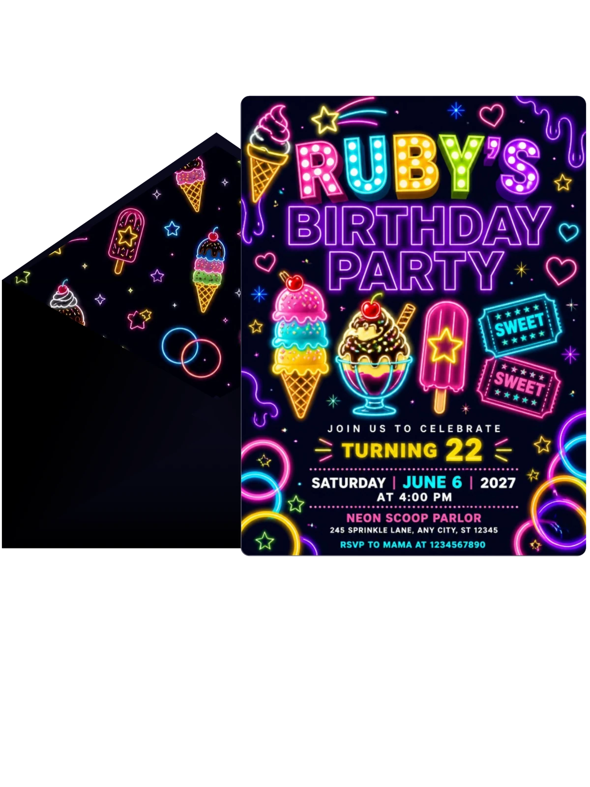 Neon Ice Cream 22nd Birthday Invitation