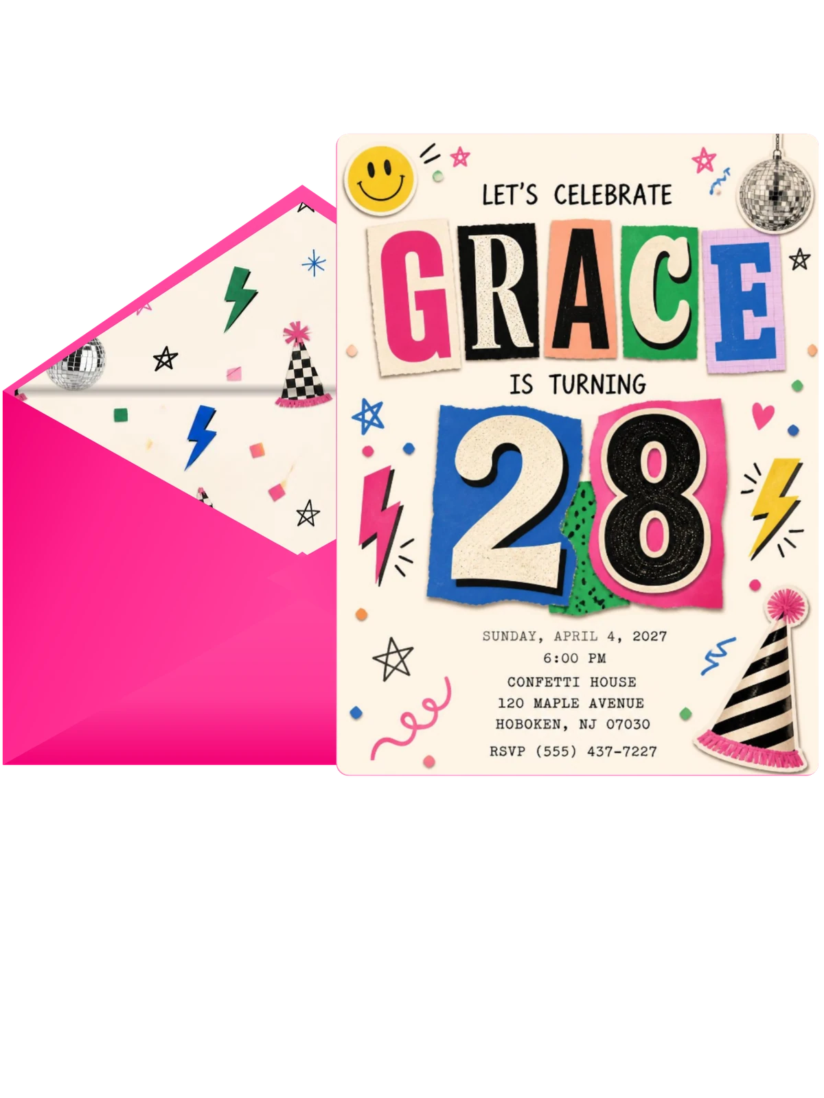 Retro Paper Collage 28th Birthday Invitation