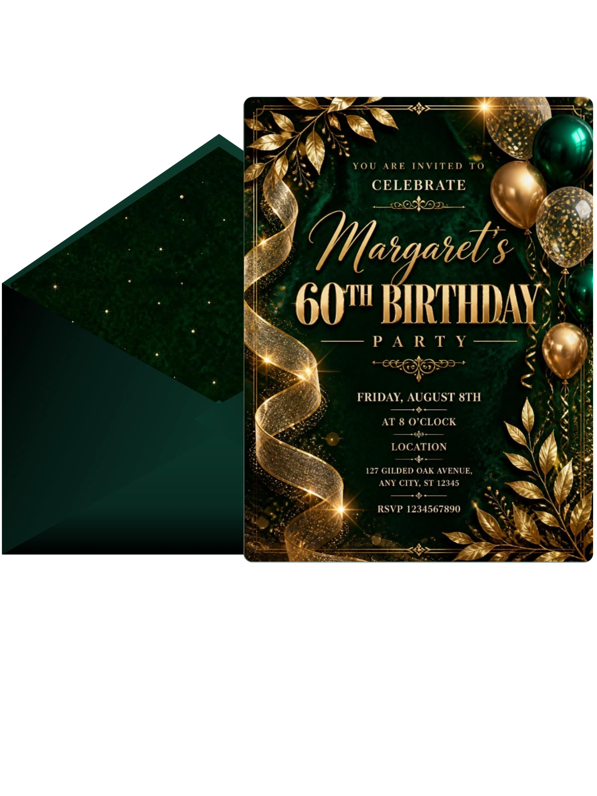 Emerald and Champagne 60th Birthday Invitation