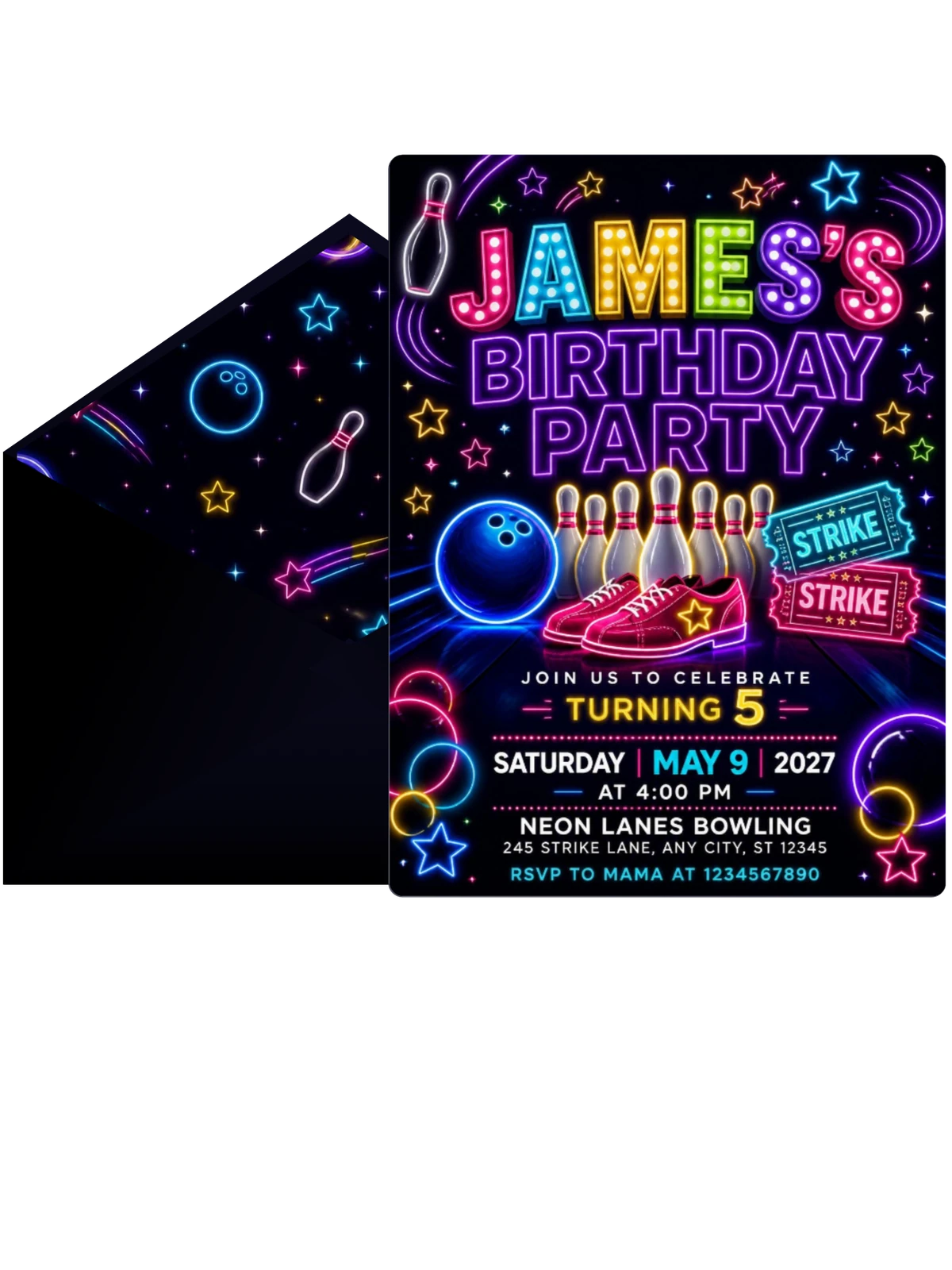 Neon Bowling 5th Birthday Invitation