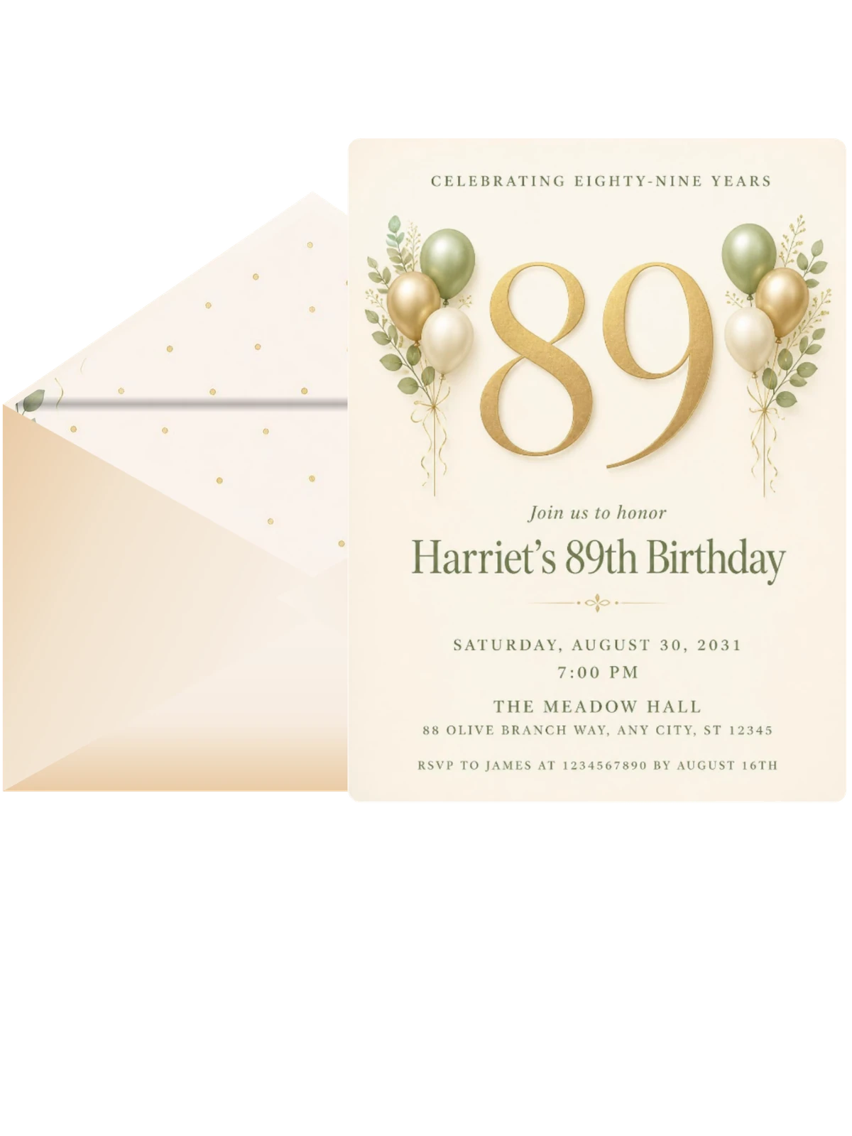 Sage and Ivory 89th Birthday Invitation