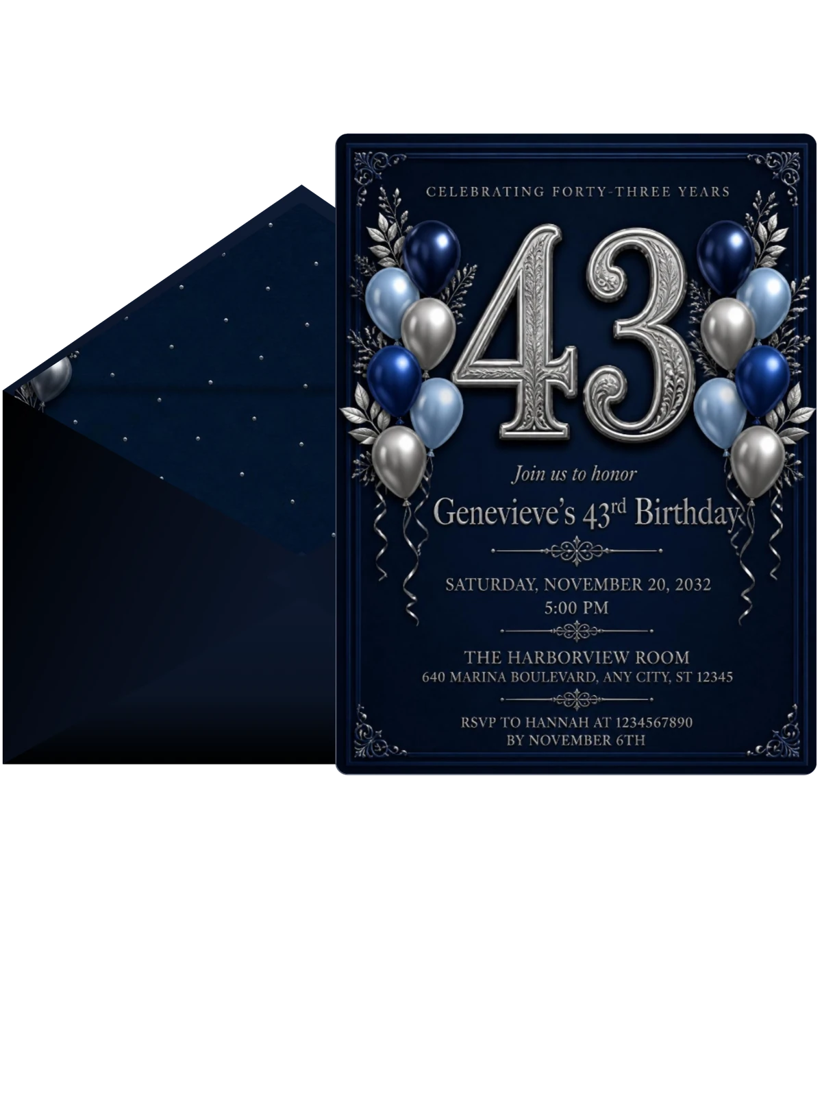 Navy and Silver 43rd Birthday Invitation