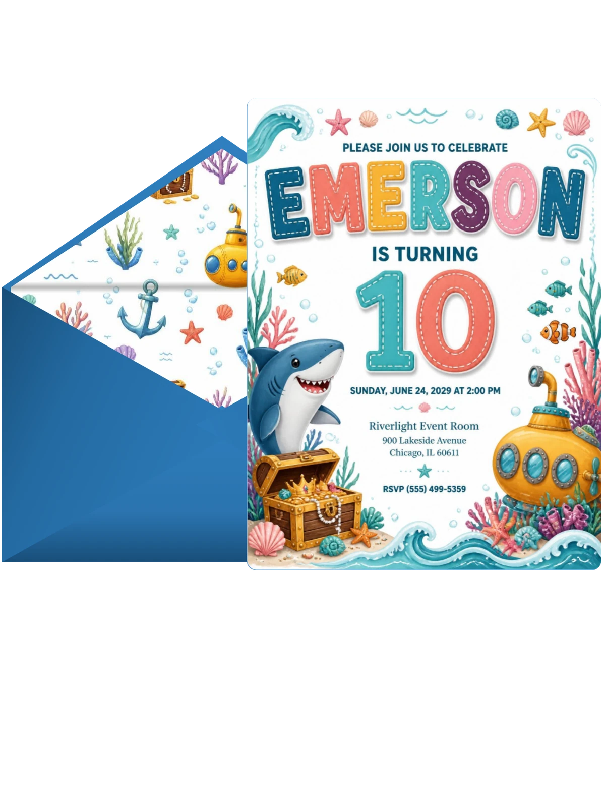Stitched Shark 10th Birthday Invitation