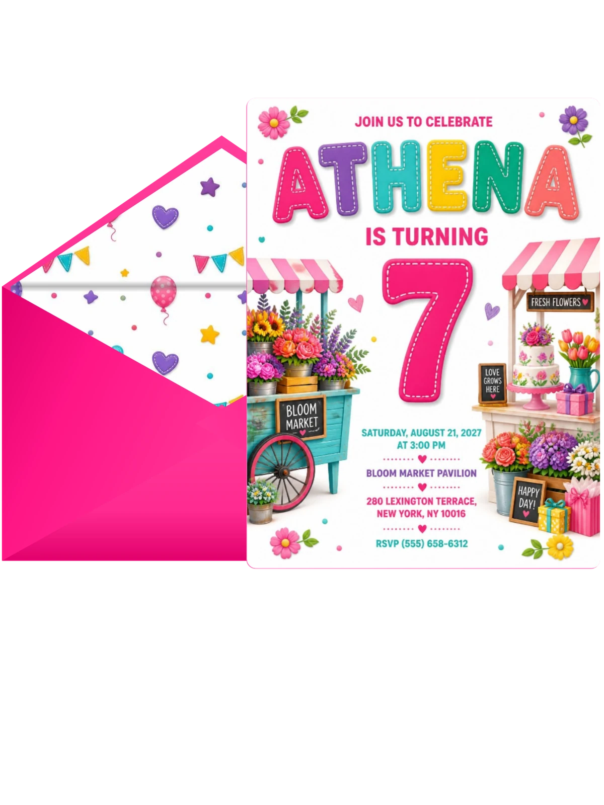 Flower Stand Stitched 7th Birthday Invitation