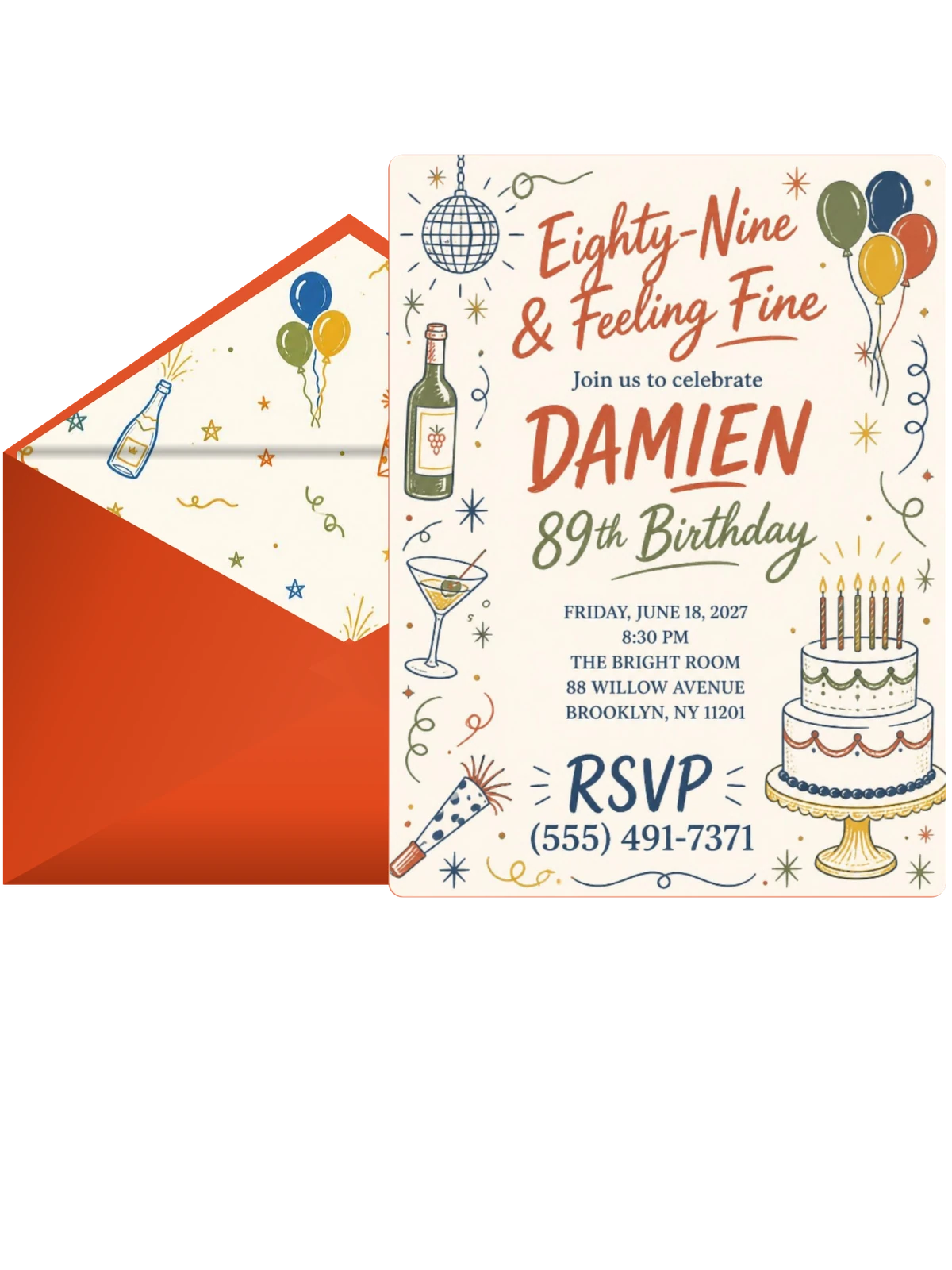 Retro Doodle 89th Birthday Invitation