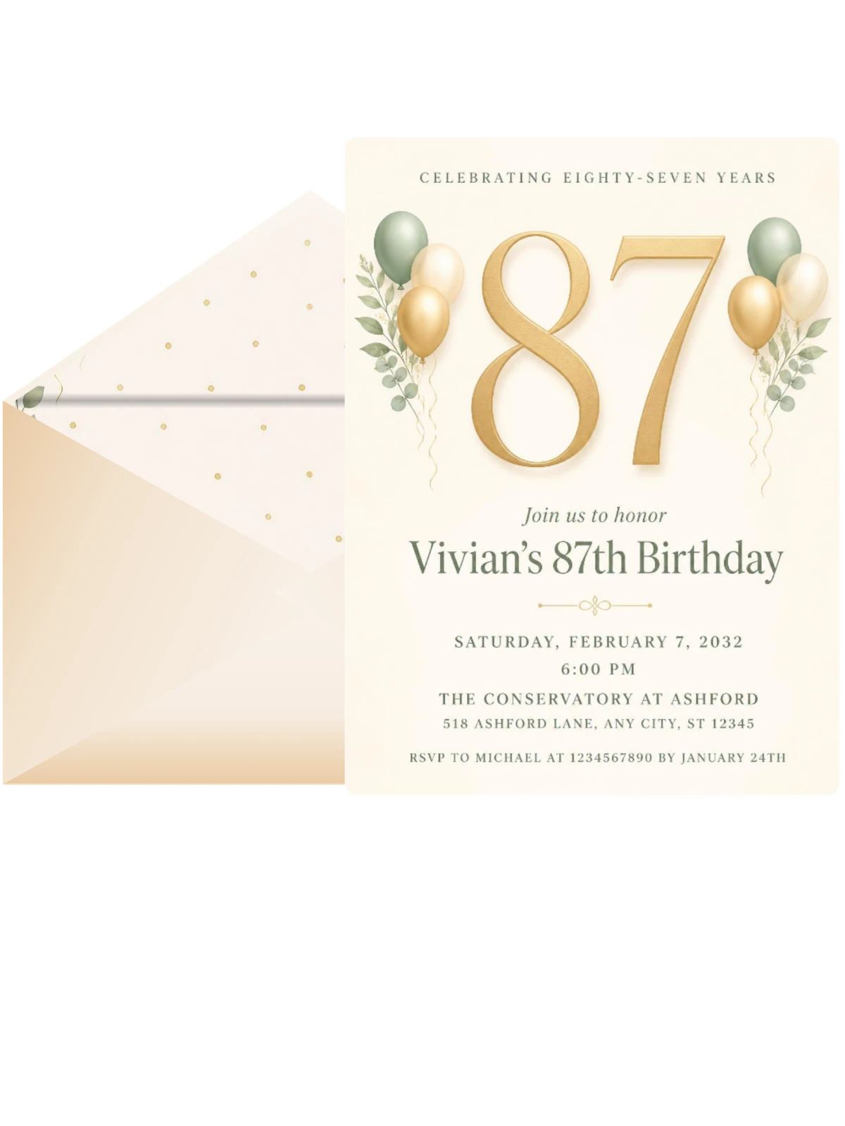 Sage and Ivory 87th Birthday Invitation