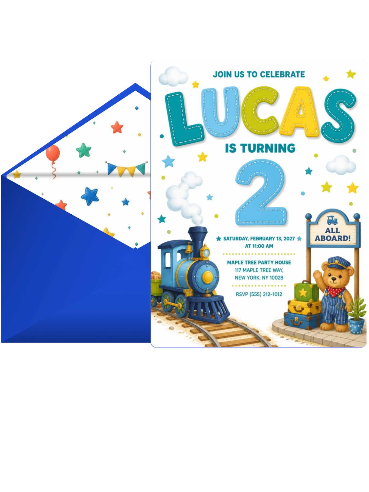 Stitched Train Station 2nd Birthday Invitation