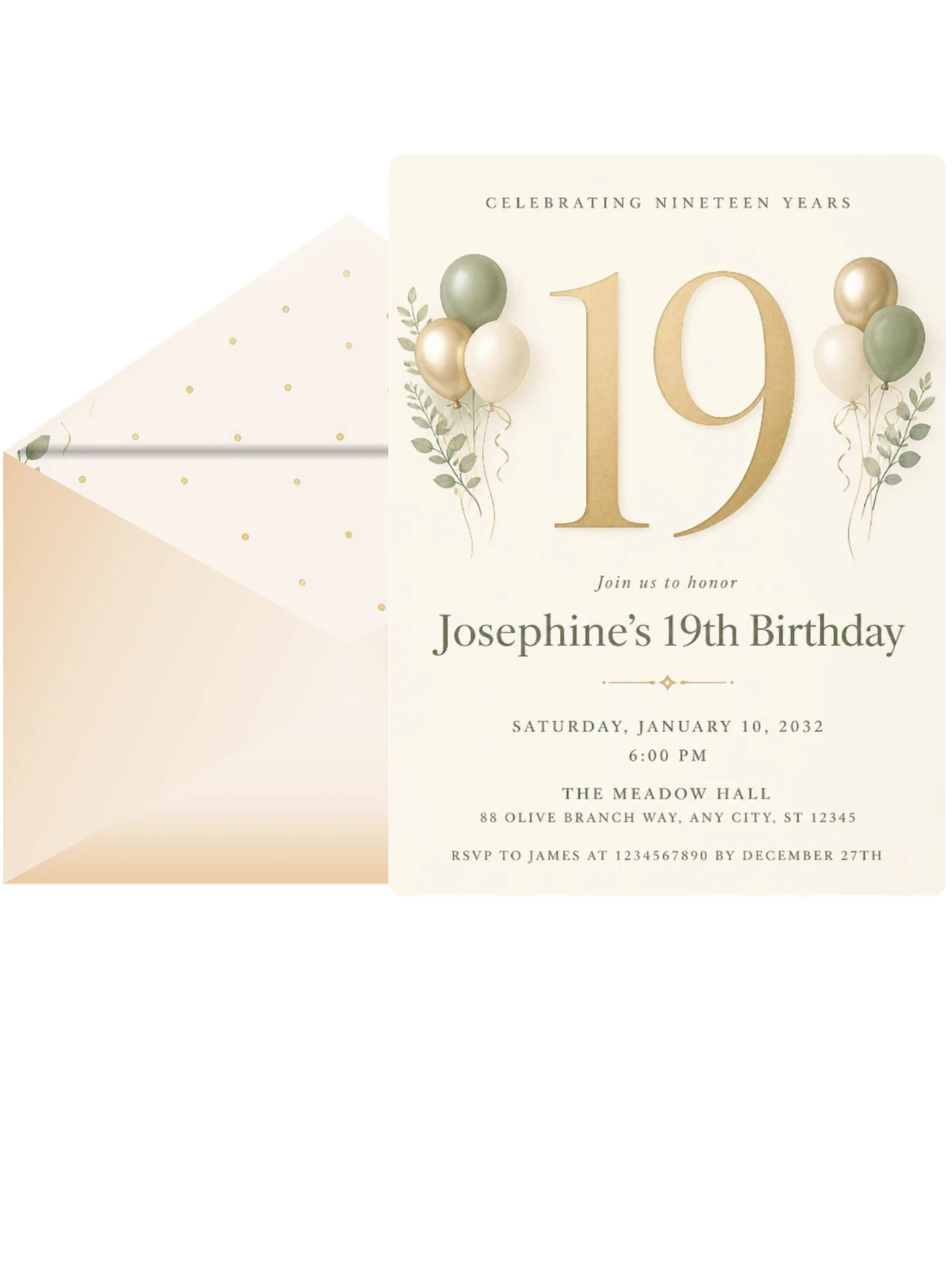 Sage and Ivory 19th Birthday Invitation