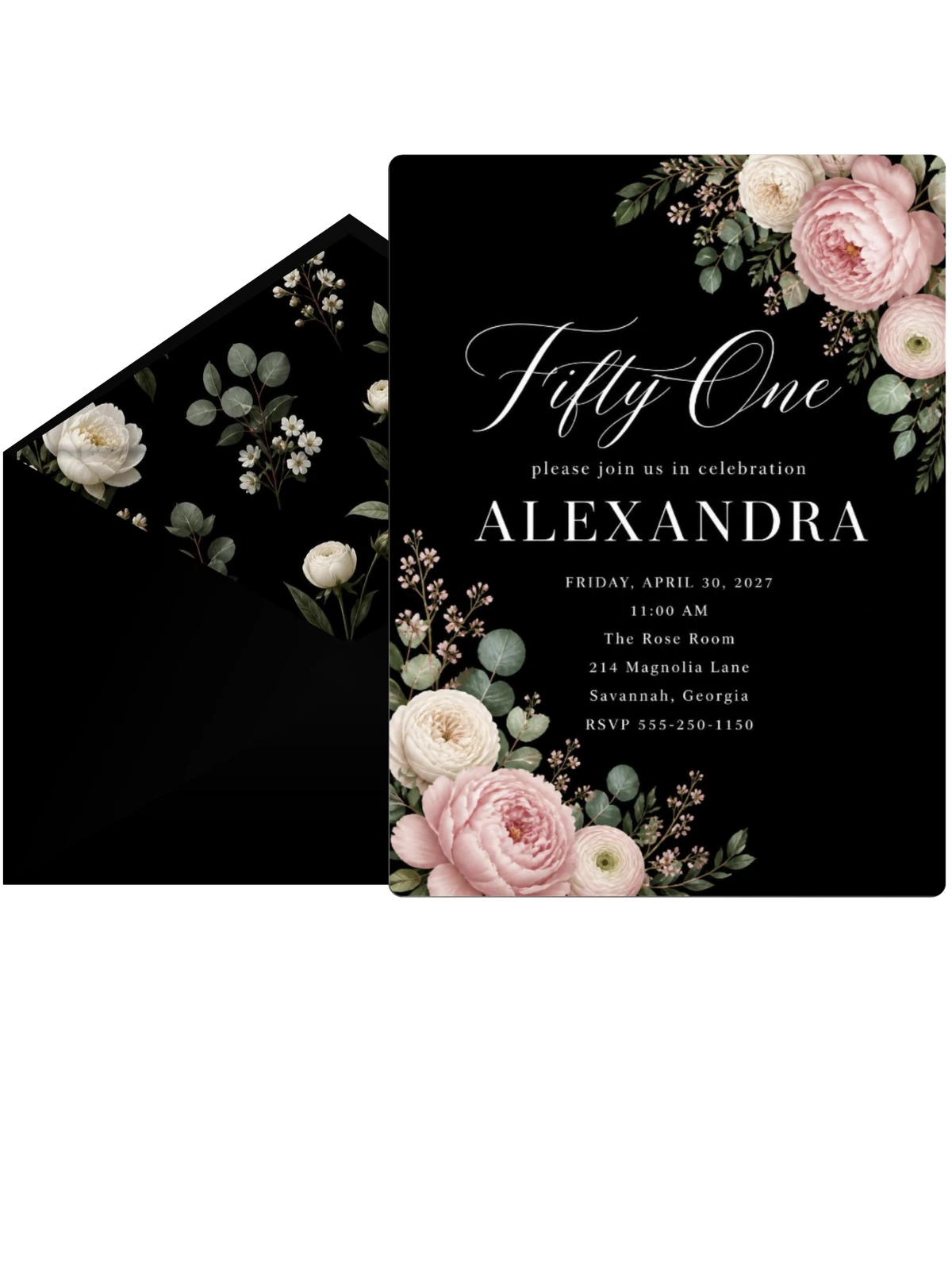 Black Floral 51st Birthday Invitation