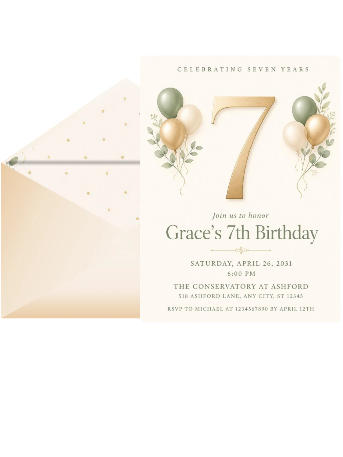 Sage and Ivory 7th Birthday Invitation