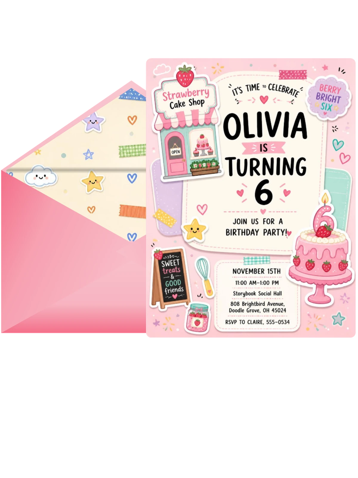 Pastel Strawberry Bakery 6th Birthday Invitation