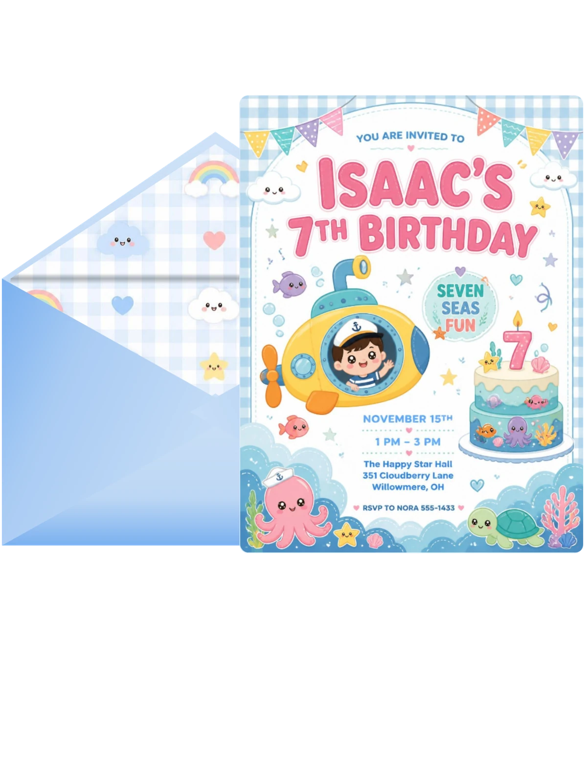 Kawaii Submarine Sailor 7th Birthday Invitation