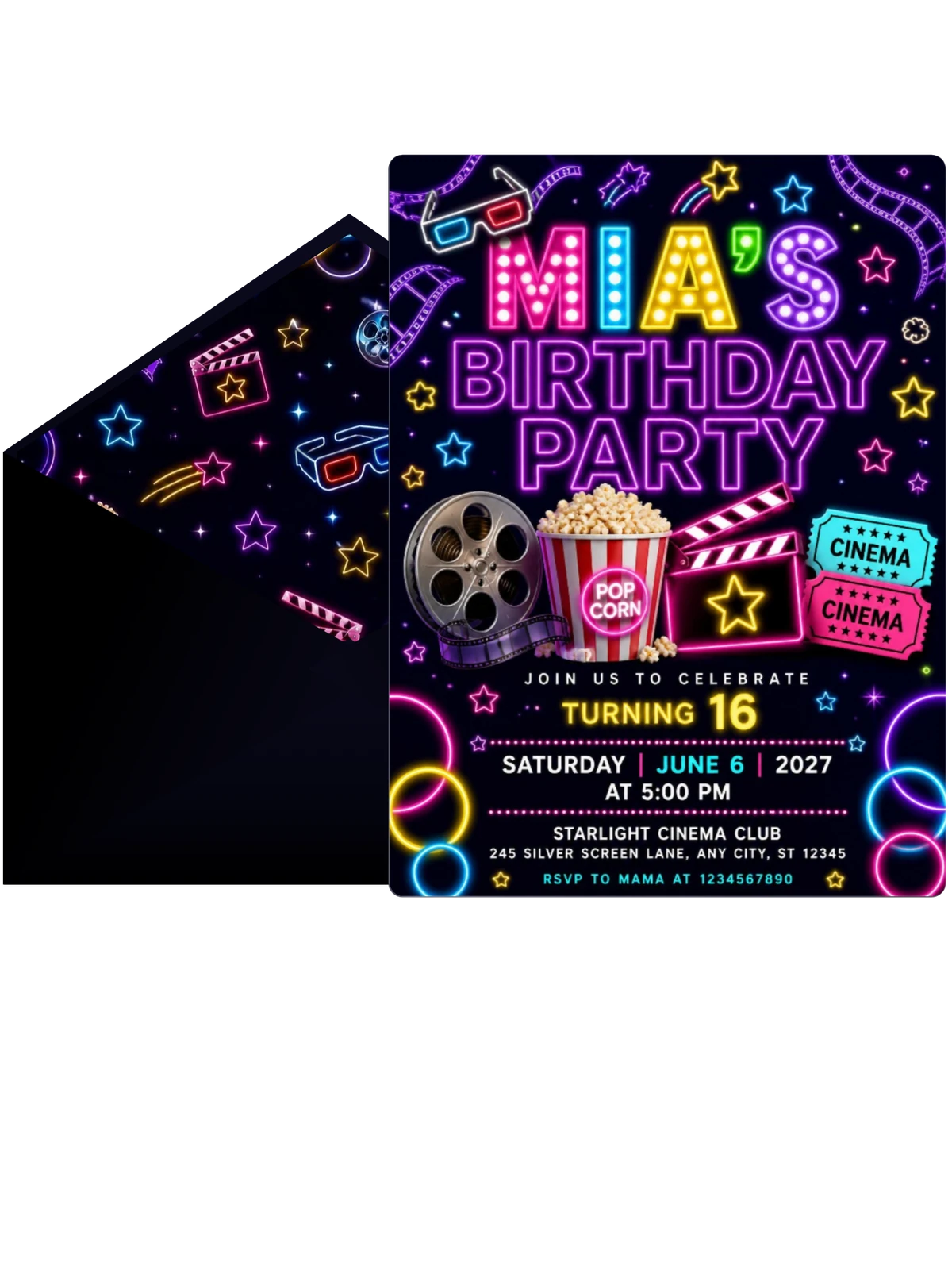 Neon Movie Night 16th Birthday Invitation