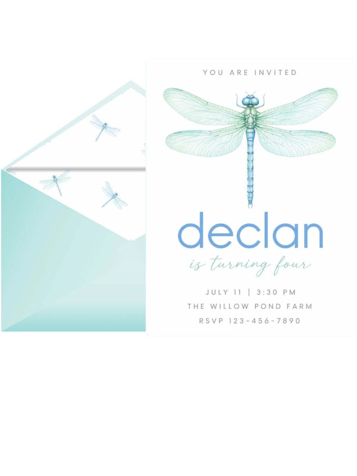 Watercolor Blue Dragonfly 4th Birthday Invitation