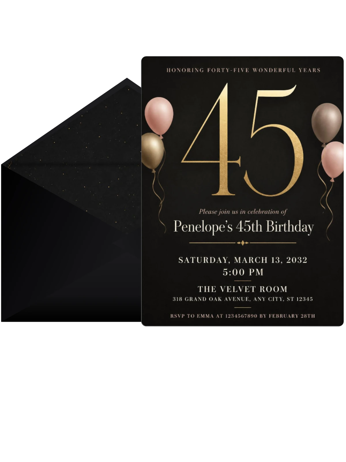 Charcoal and Blush 45th Birthday Invitation