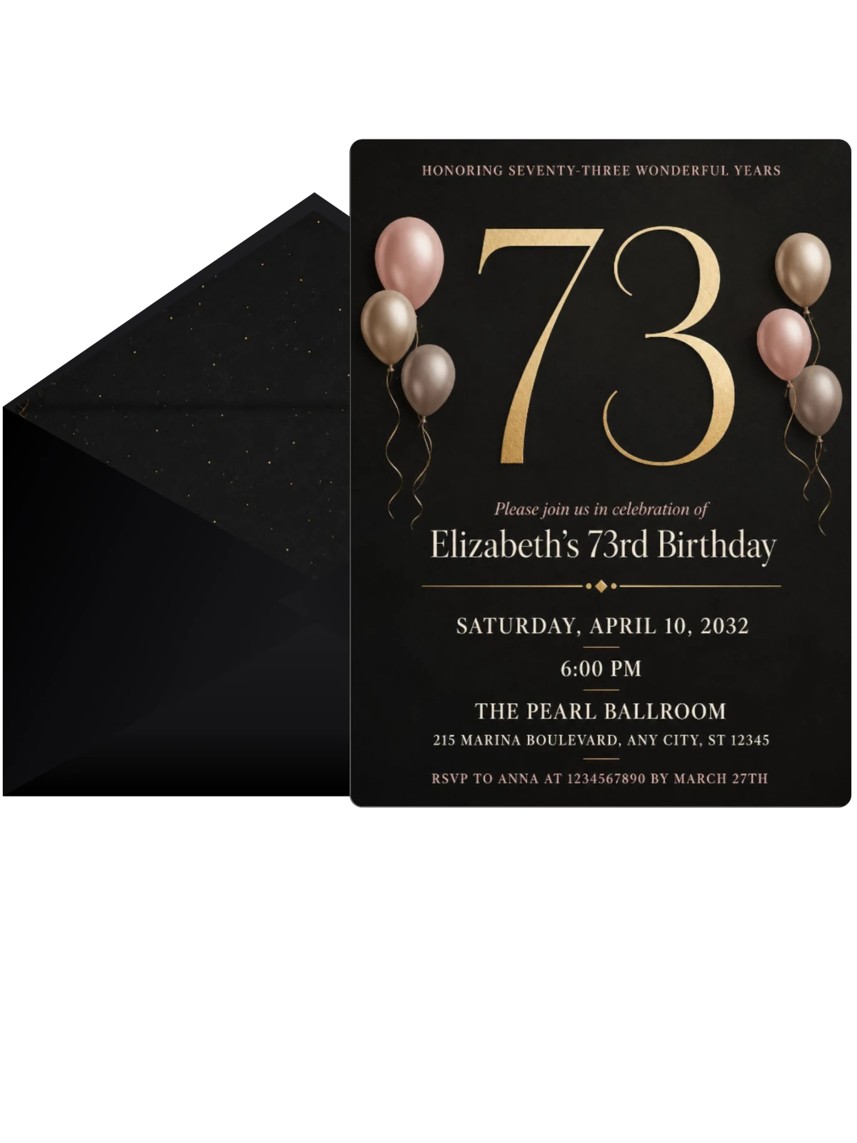 Charcoal and Blush 73rd Birthday Invitation