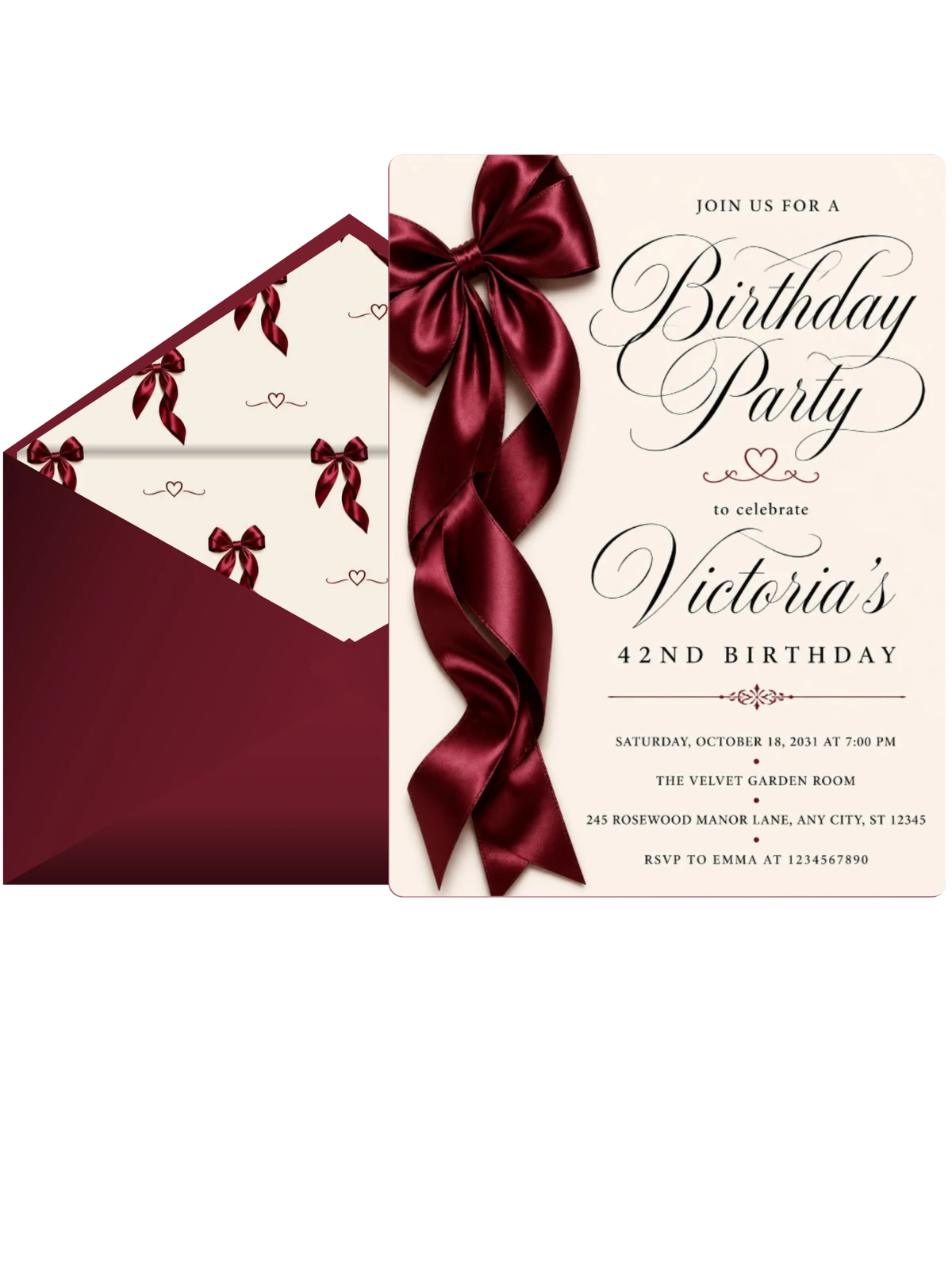 Burgundy Satin Bow 42nd Birthday Invitation