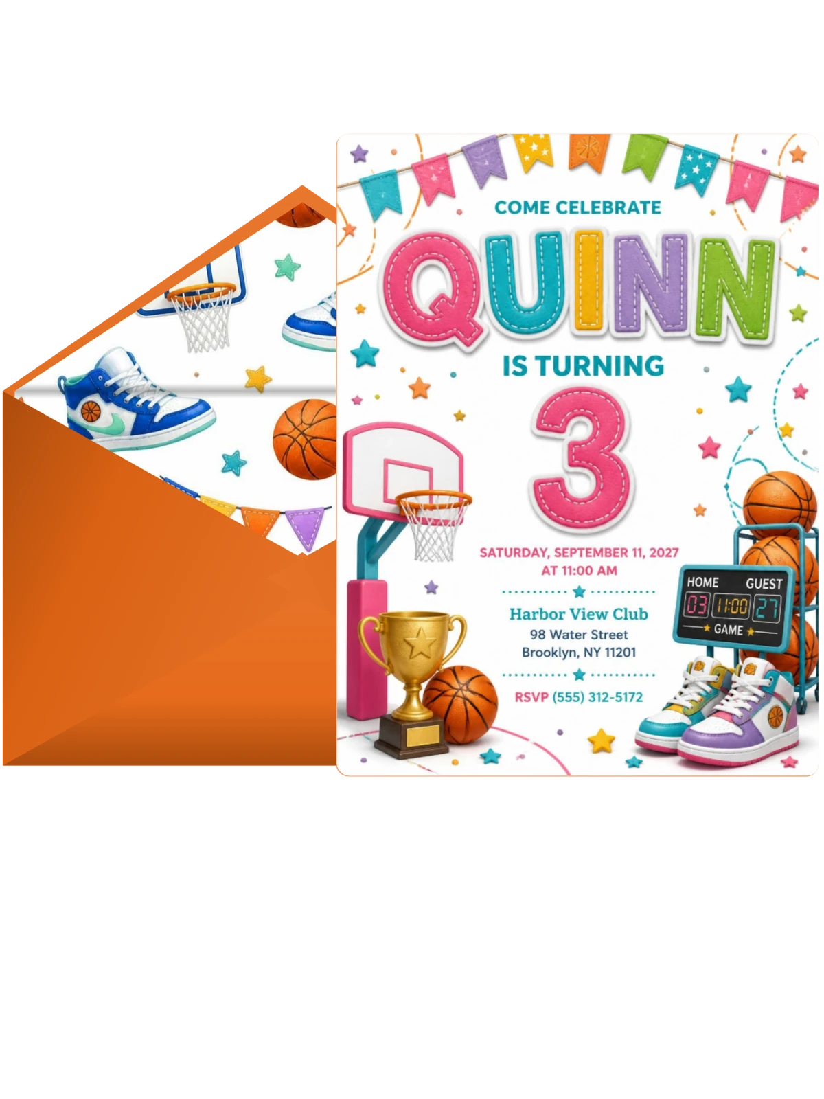 Stitched Basketball 3rd Birthday Invitation