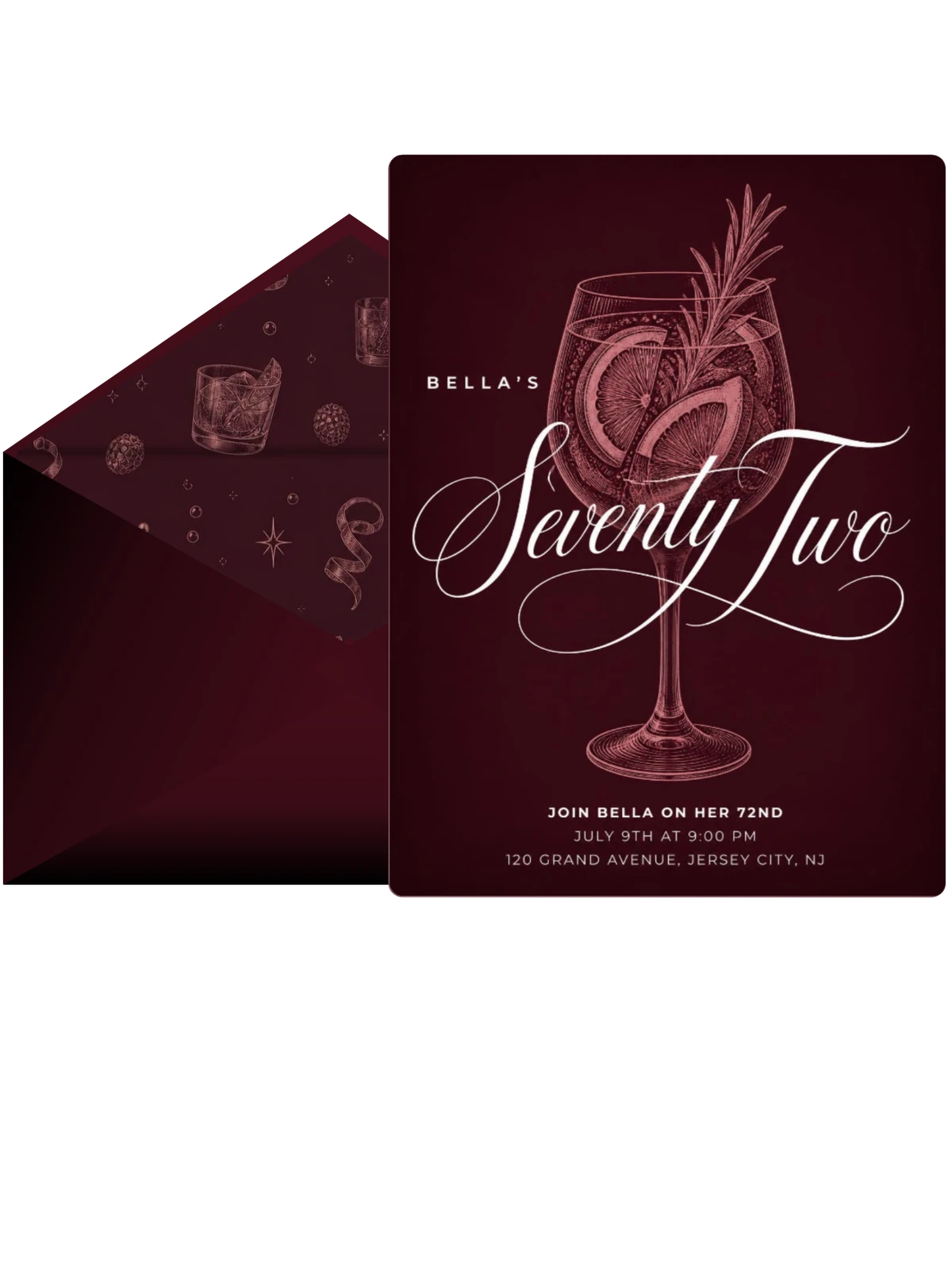 Burgundy Cocktail 72nd Birthday Invitation