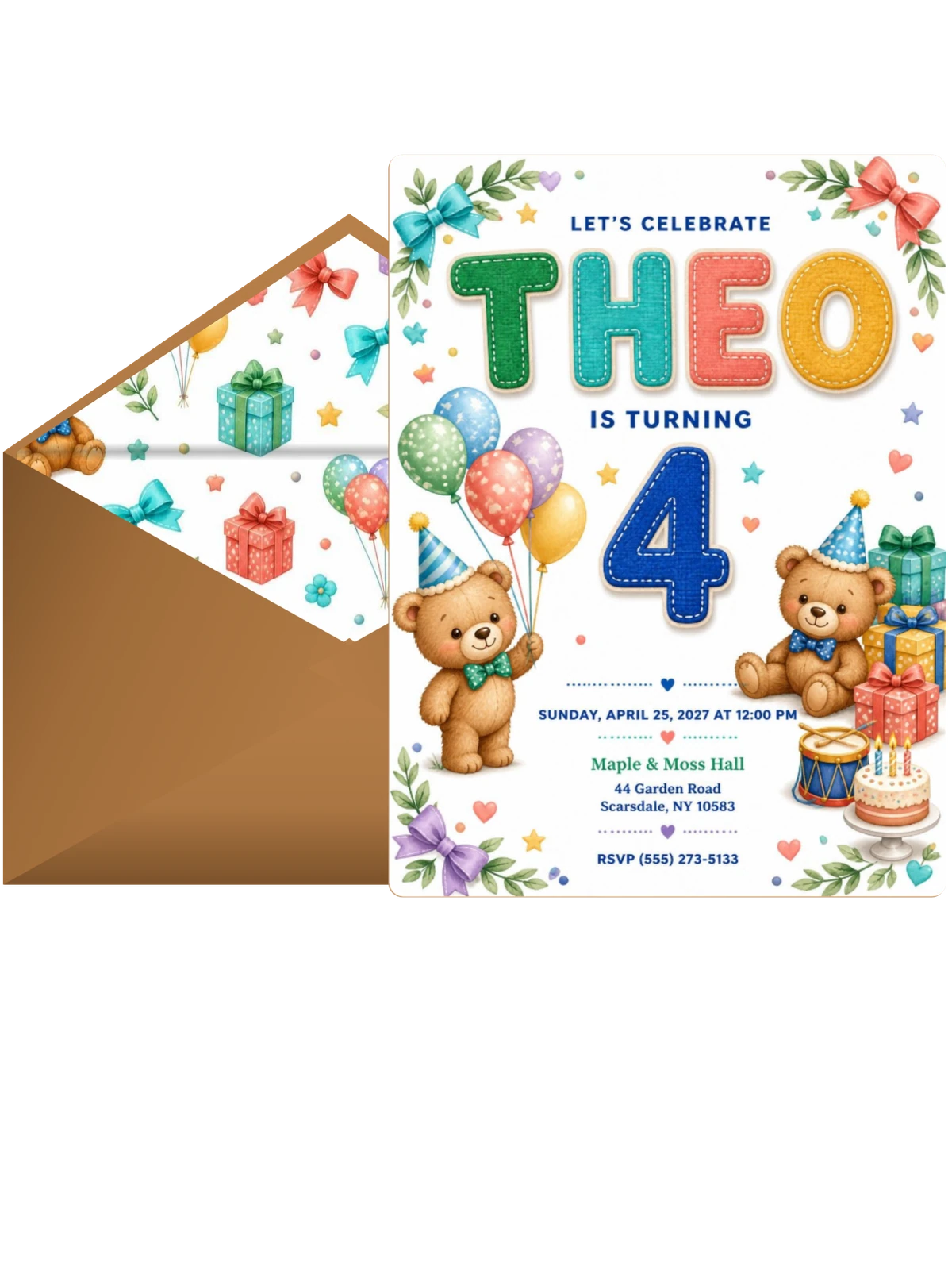 Stitched Teddy Bear 4th Birthday Invitation