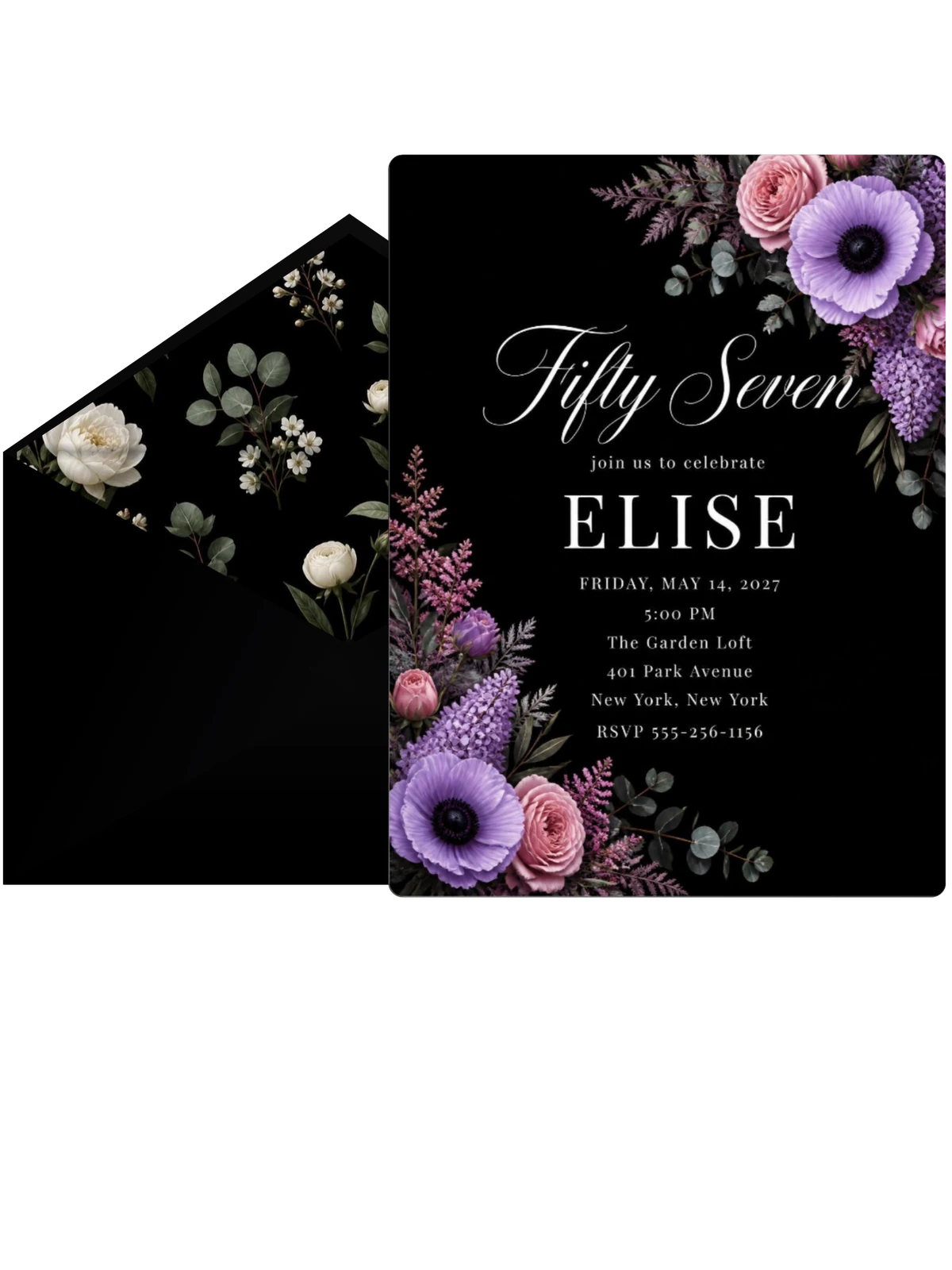 Black Floral 57th Birthday Invitation