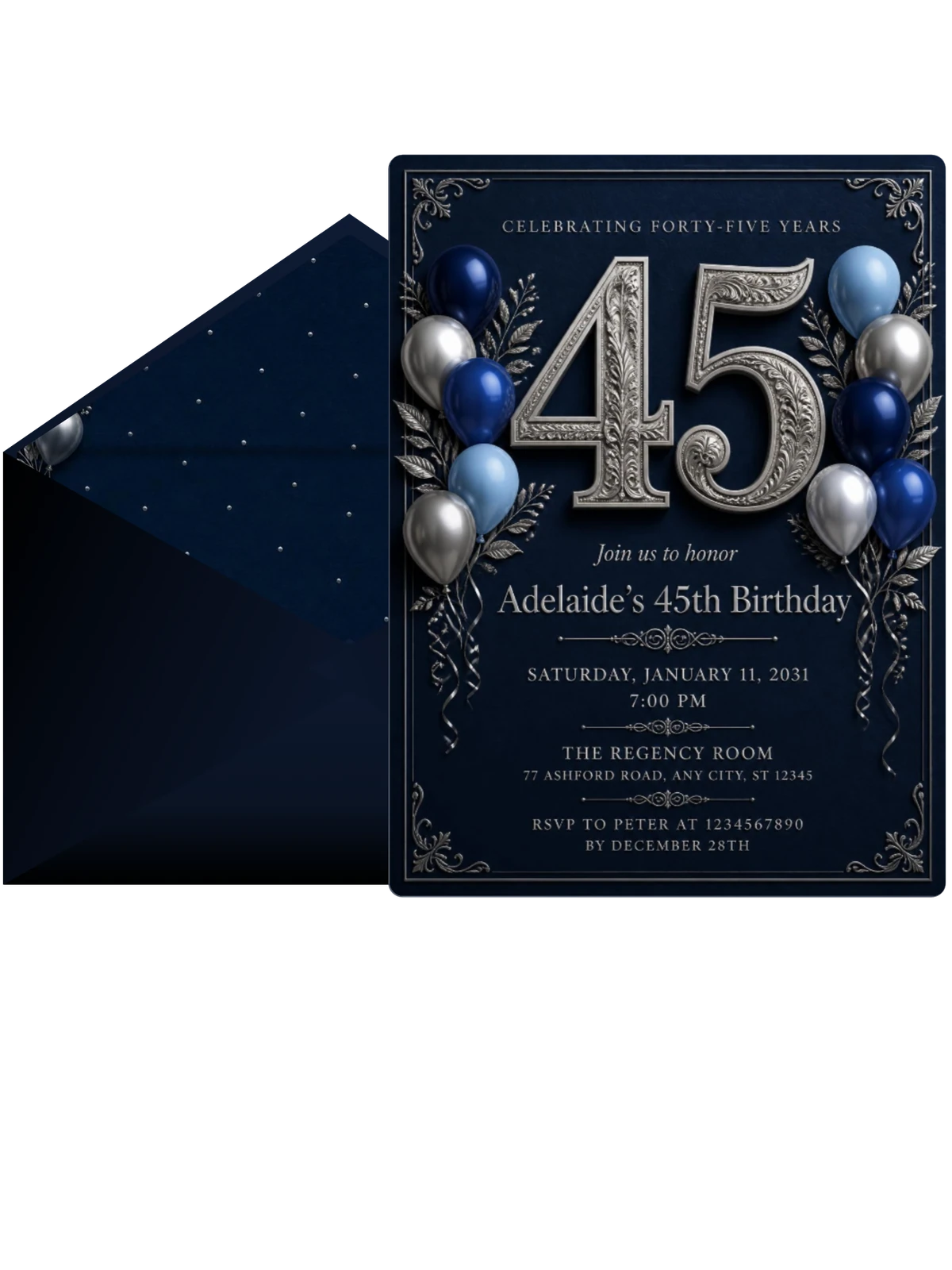 Navy and Silver 45th Birthday Invitation