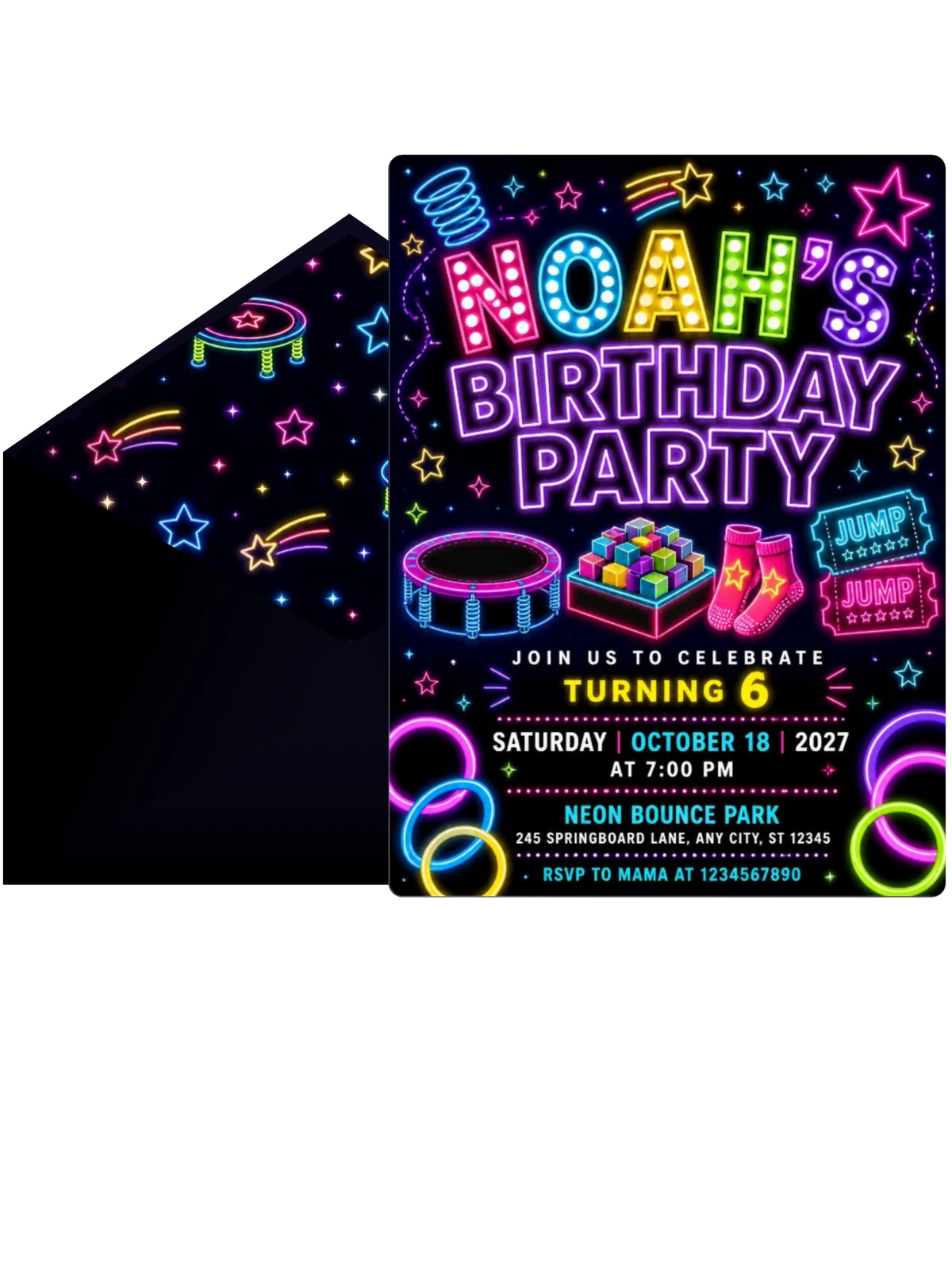 Neon Trampoline 6th Birthday Invitation