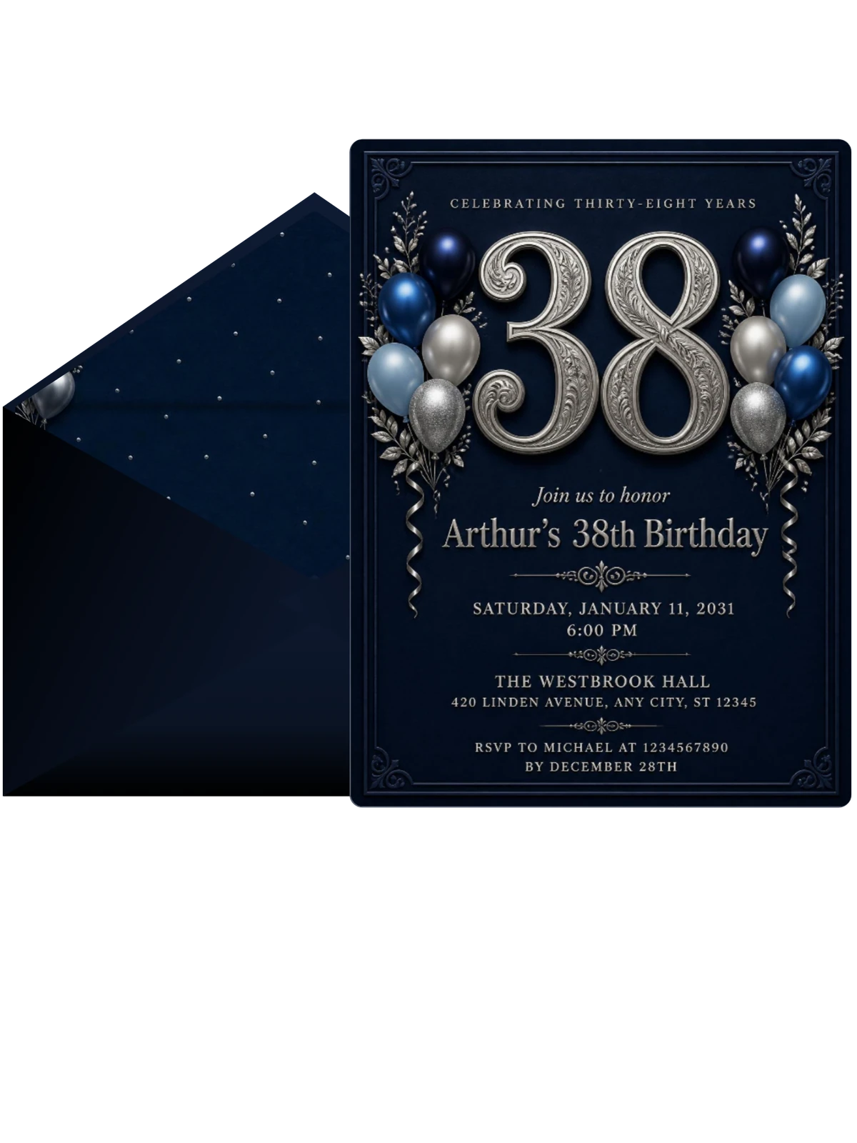 Navy and Silver 38th Birthday Invitation