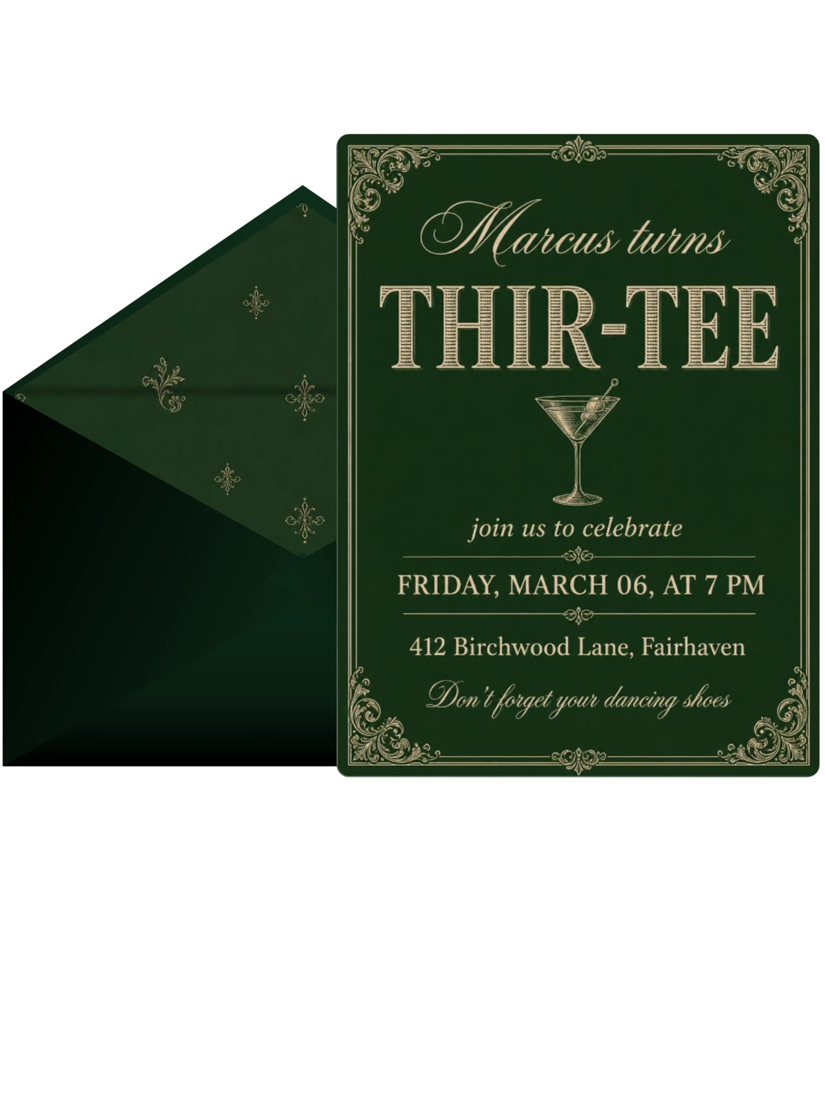 Gold Martini Forest 30th Birthday Invitation